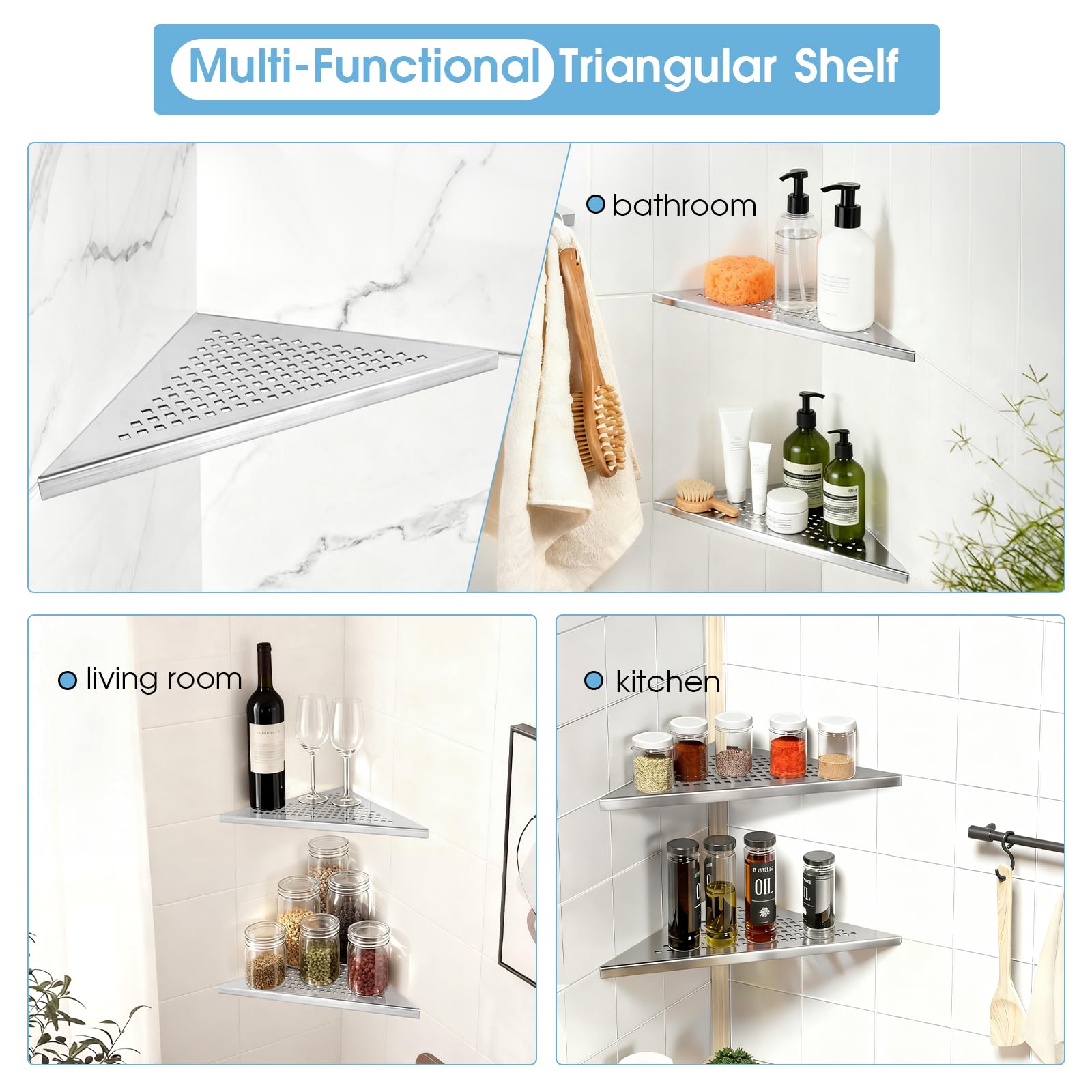 2 Pièces Étagère d'angle pour douche en acier inoxydable 304 étagère d'angle de salle de bain sans perçage, Support de douche avec design en grille (Finition brossée intégrée, 254 mm x 254 mm)