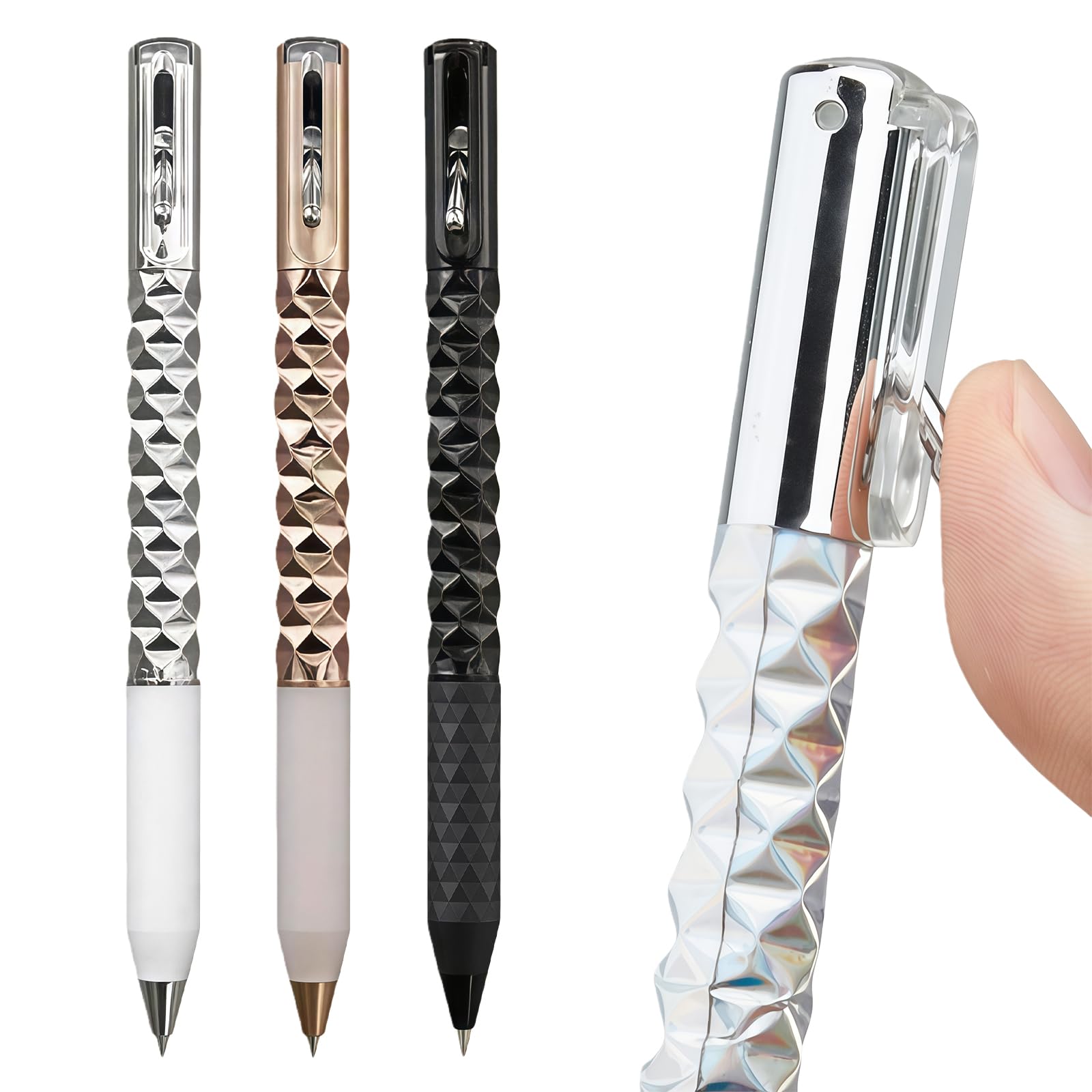 Yolkify Black Gel Pens, Fidget Pen, 3Pcs 0.5mm Pens Black Ink, Retractable Geometric Metal Crinkle Pen, Fine Ballpoint Tip Smooth Writing, Quick Drying for School Home Office Supplies