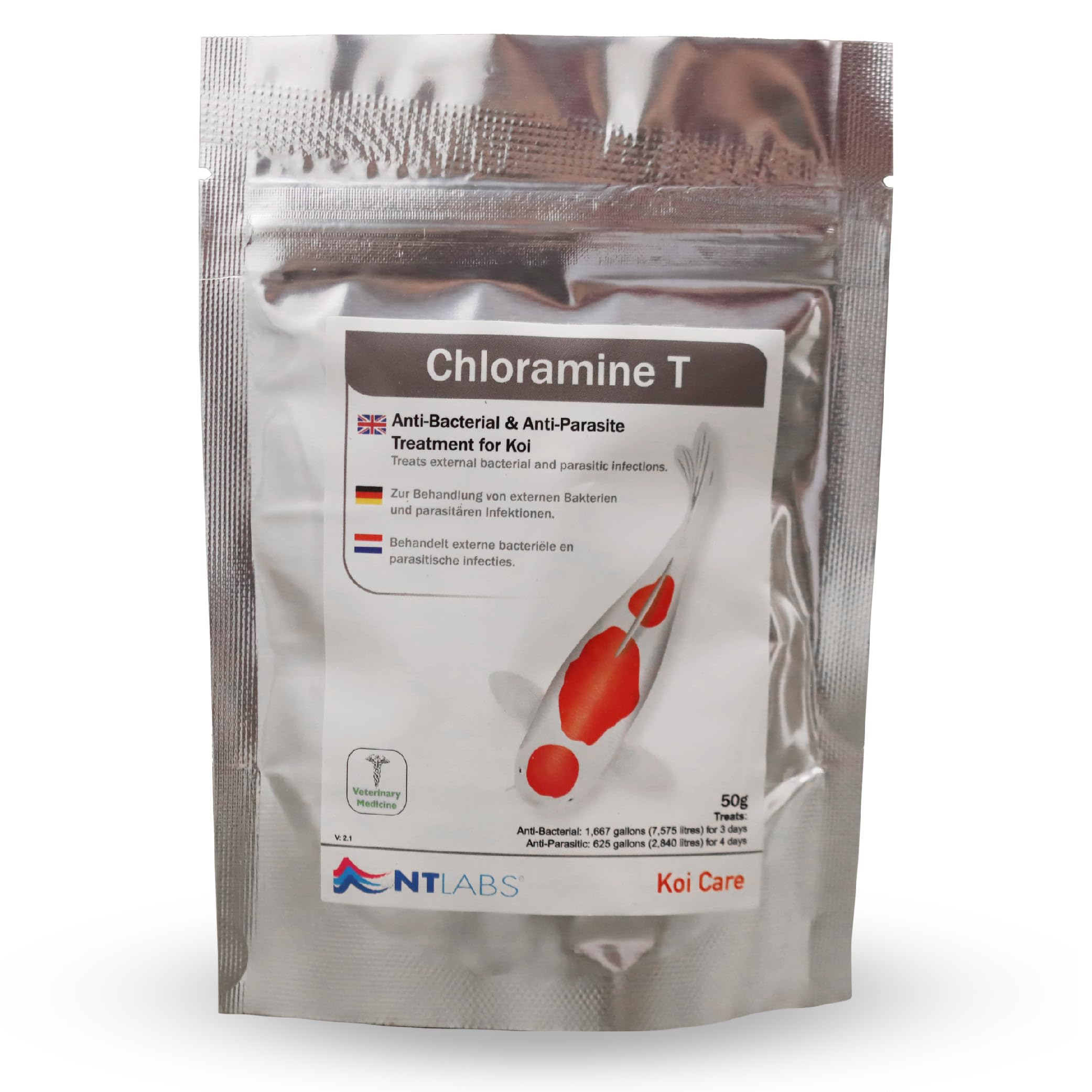 NT Labs Koi Care Chloramine T, Medicine for External Bacterial and Parasitic Infections in Koi, Koi Water Treatment, Broad-Spectrum Koi Medication, Treats Costia, 50g