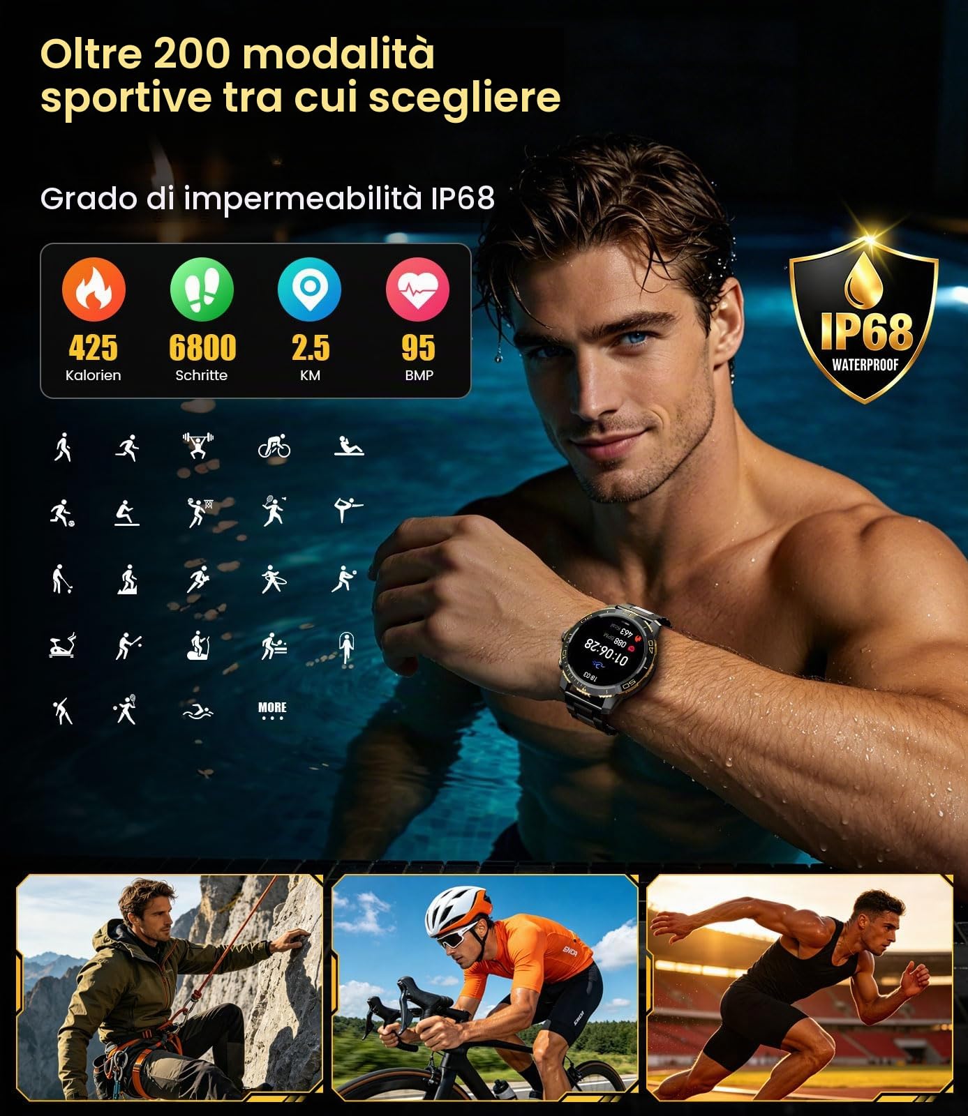 Smartwatch Uomo,800mAh Orologio Intelligente Fitness con Chiamate Bluetooth,1.43" AMOLED Militari Smart Watch Torcia/IP68/200 Modalità Sportive/Cardiofrequenzimetro/Due Cavi Android iOS Nero