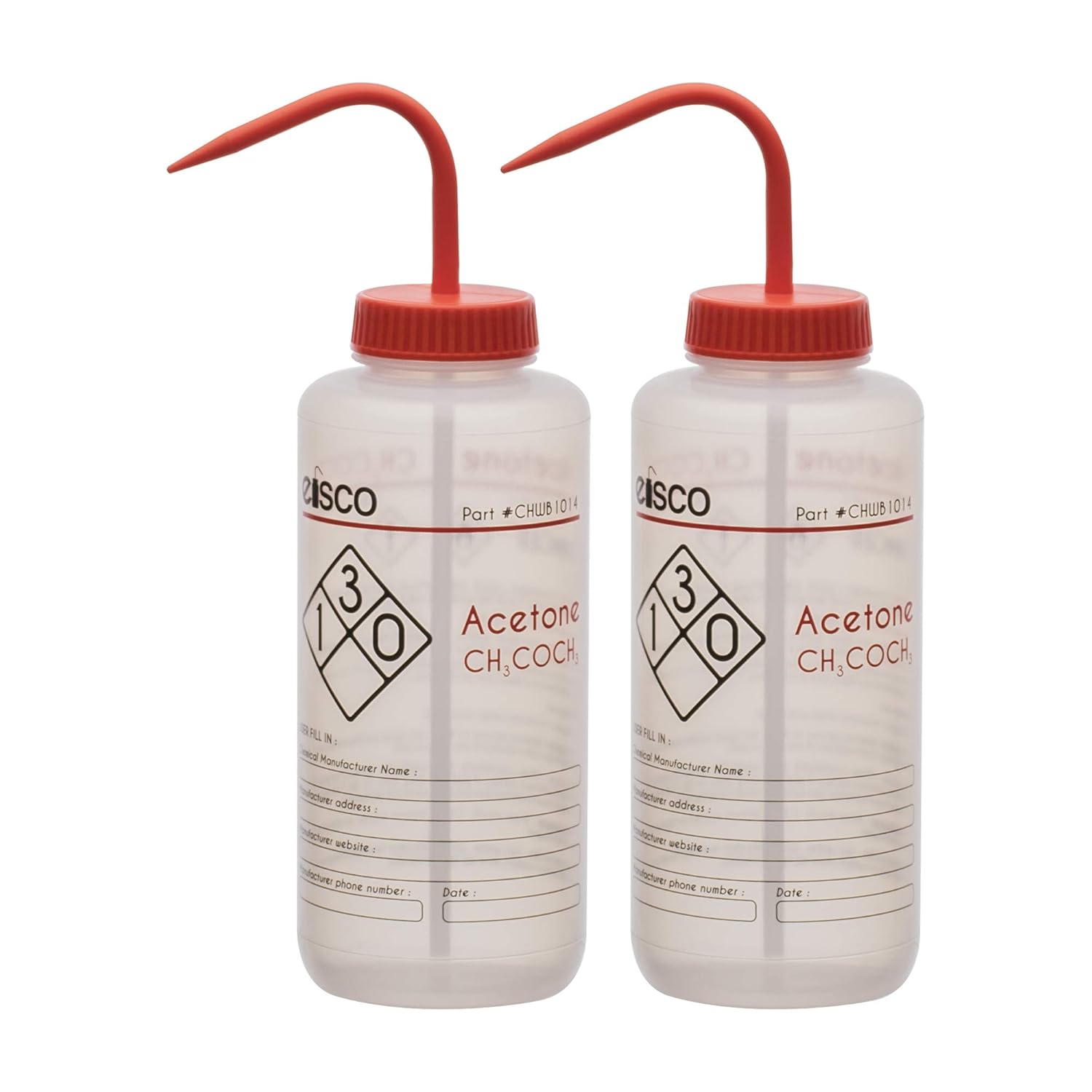 EISCO Wash Bottle for Acetone, 1000ml - Labeled with Color Coded Chemical & Safety Information (2 Color) - Wide Mouth, Self Venting, Low Density Polyethylene Labs