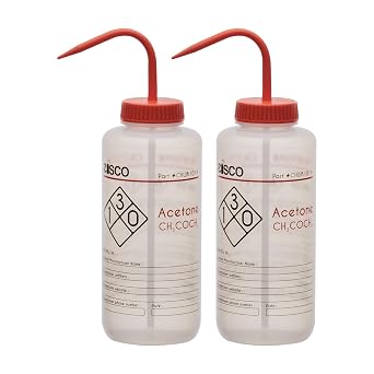 EISCO 2PK Wash Bottle for Acetone, 1000ml - Labeled with Color Coded Chemical & Safety Information 2 Color - Wide Mouth, Self Venting, Low Density Polyethylene Labs