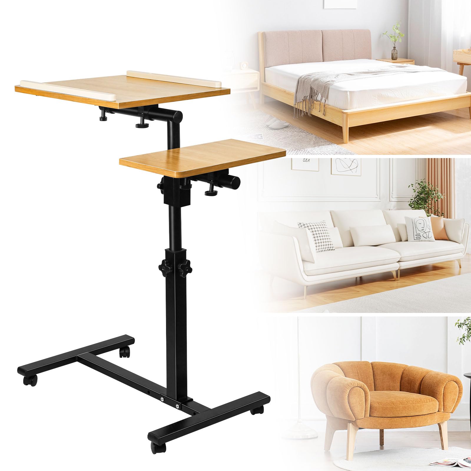 OHMG Table de Chevet à Roulettes Réglable 2 Plateaux pour Fauteuil et Ordinateur Portable
