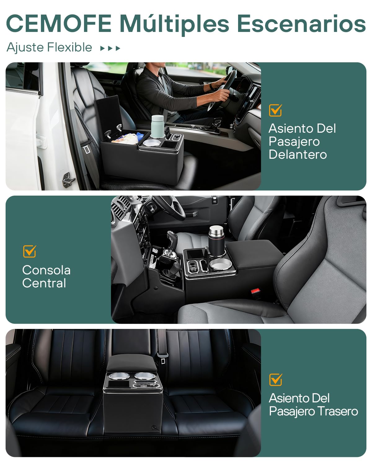 Consola Central Coche Universal con Compartimentos de Almacenamiento, Carga Inalámbrica y Luces LED de 7 Colores, para Van, SUV, Camión, Autobús y Coches de más de 4.7 m