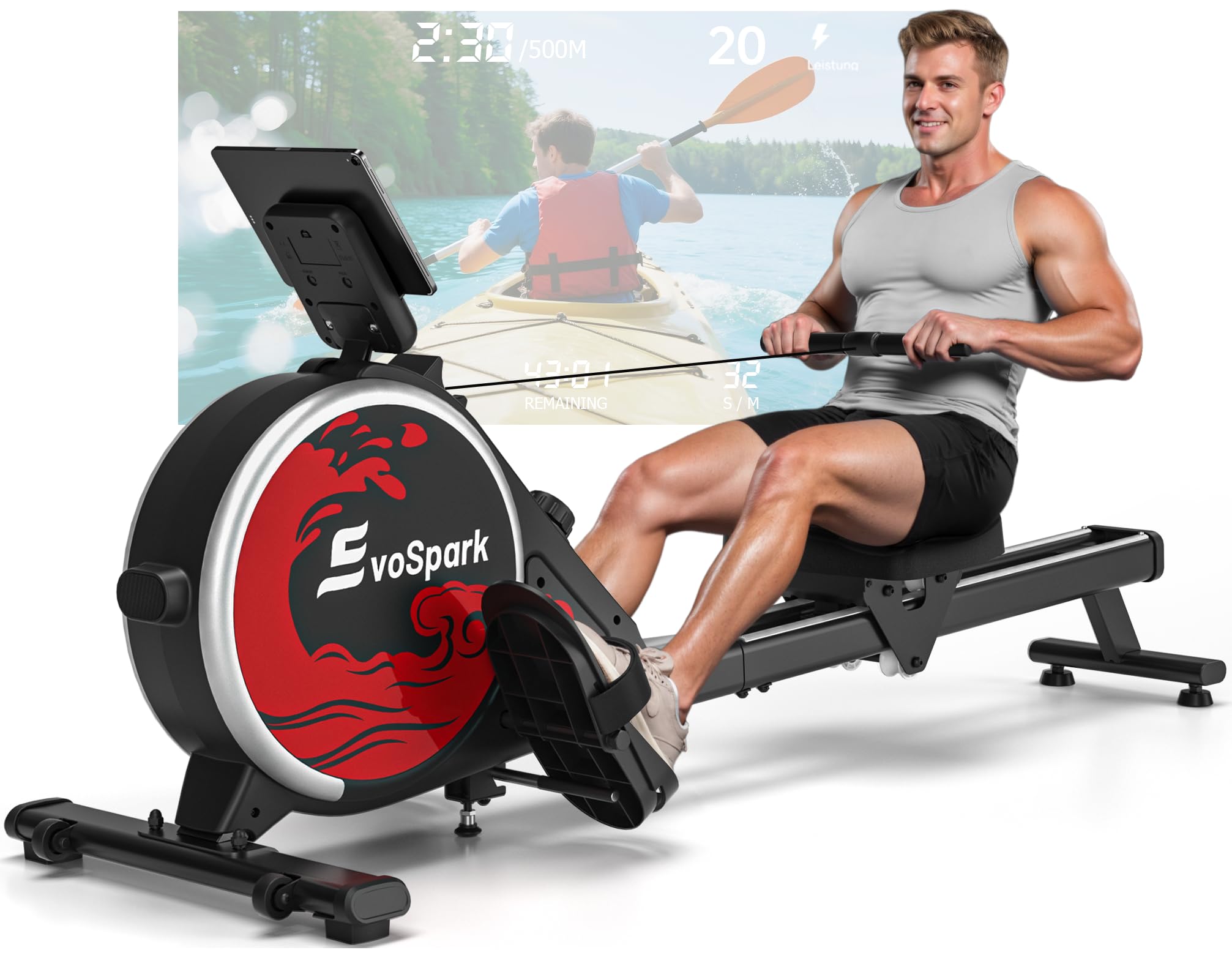 EvoSpark Rowing Machine, Magnetic Rowing Machines for Home Use with App Supported, 16/32 Levels Resistance Row Machine, 350 LB Weight Capacity, Upgrade to Double Slide Rail