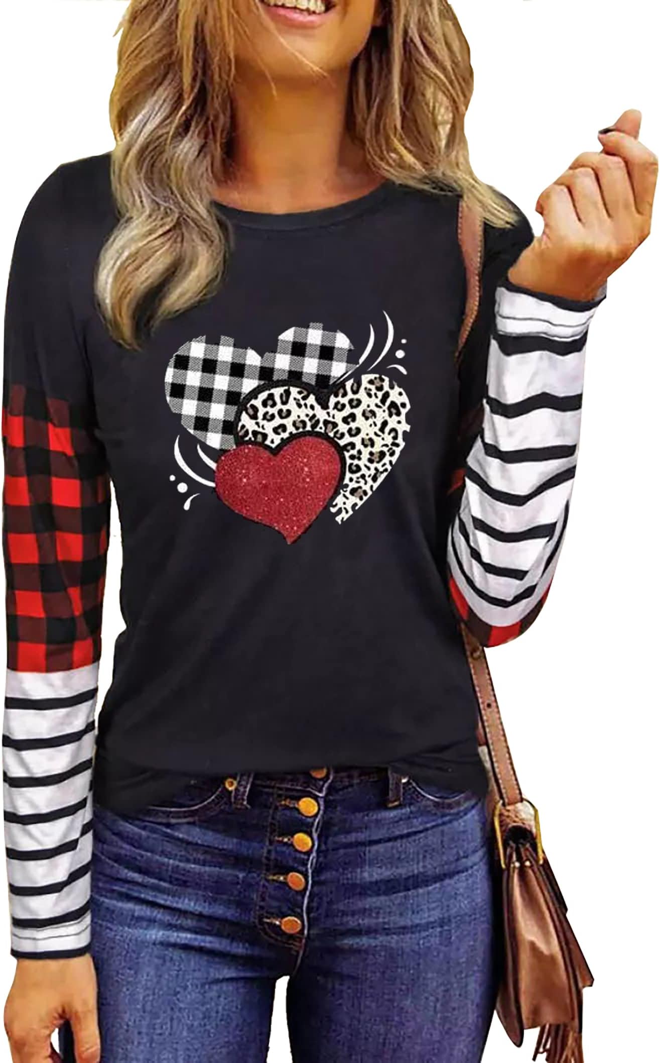 Valentine's Day Tshirt Women Buffalo Plaid Love Heart Graphic Tees Letter Print Splicing Long Sleeve Tops Shirts
