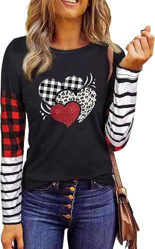 Valentine Shirt Women Buffalo Plaid Love Heart Graphic Tees Letter Print Splicin