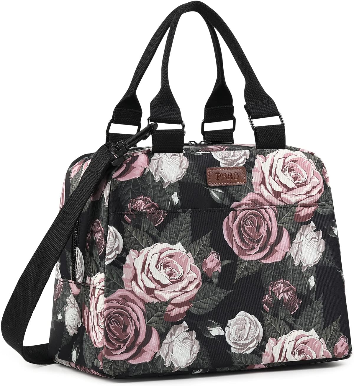 PBRO Insulated Lunch Bag for Women,Large Reusable Lunch Tote with Adjustable Shoulder Belt,Cute Pink Purple Floral Portable Lunch Box Cooler Bag,Perfect for Girls Travel Picnic,Office,Working -Purple