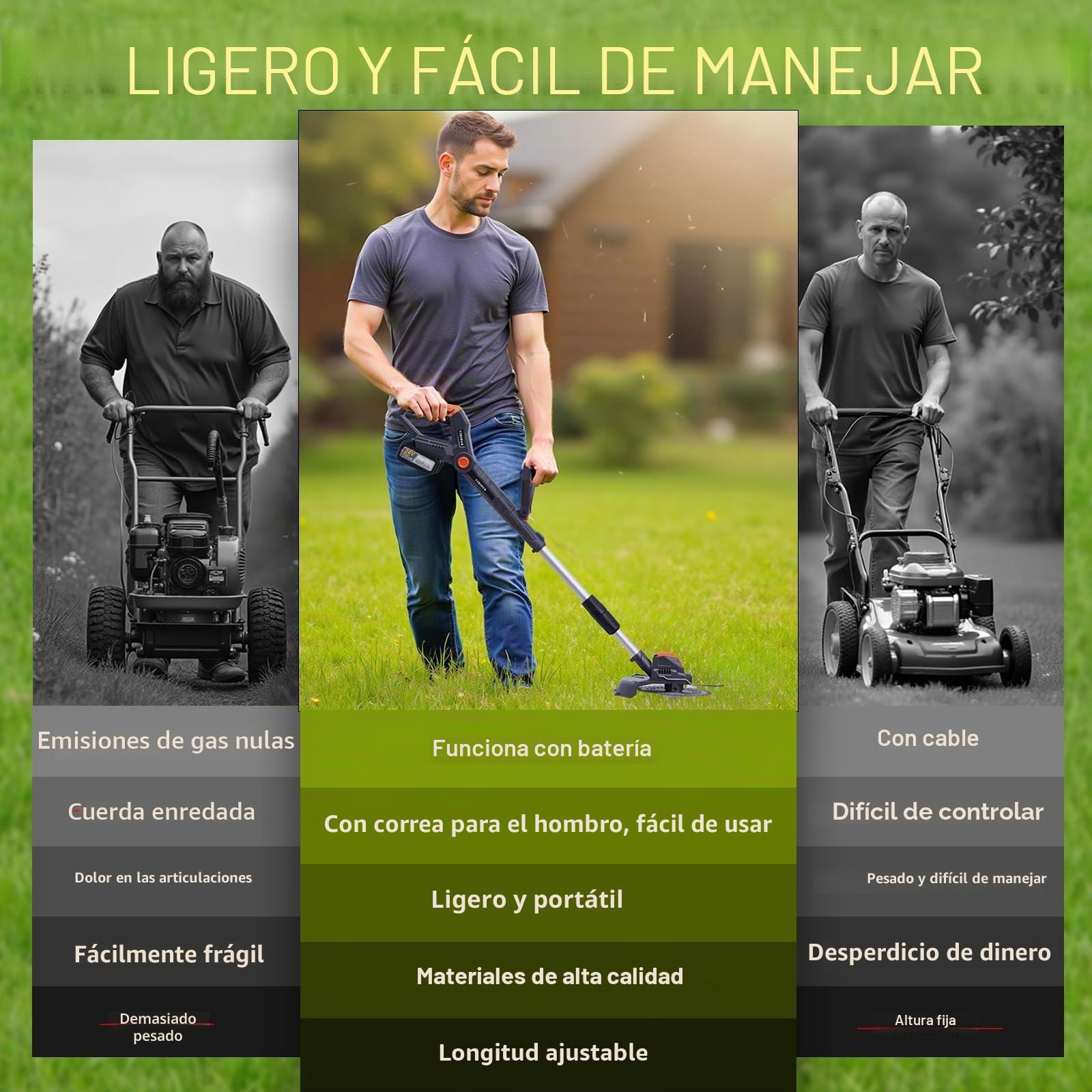 Desbrozadora con batería y cargador, batería con motor de 1300 W, para cuidado de jardín (Grey1)