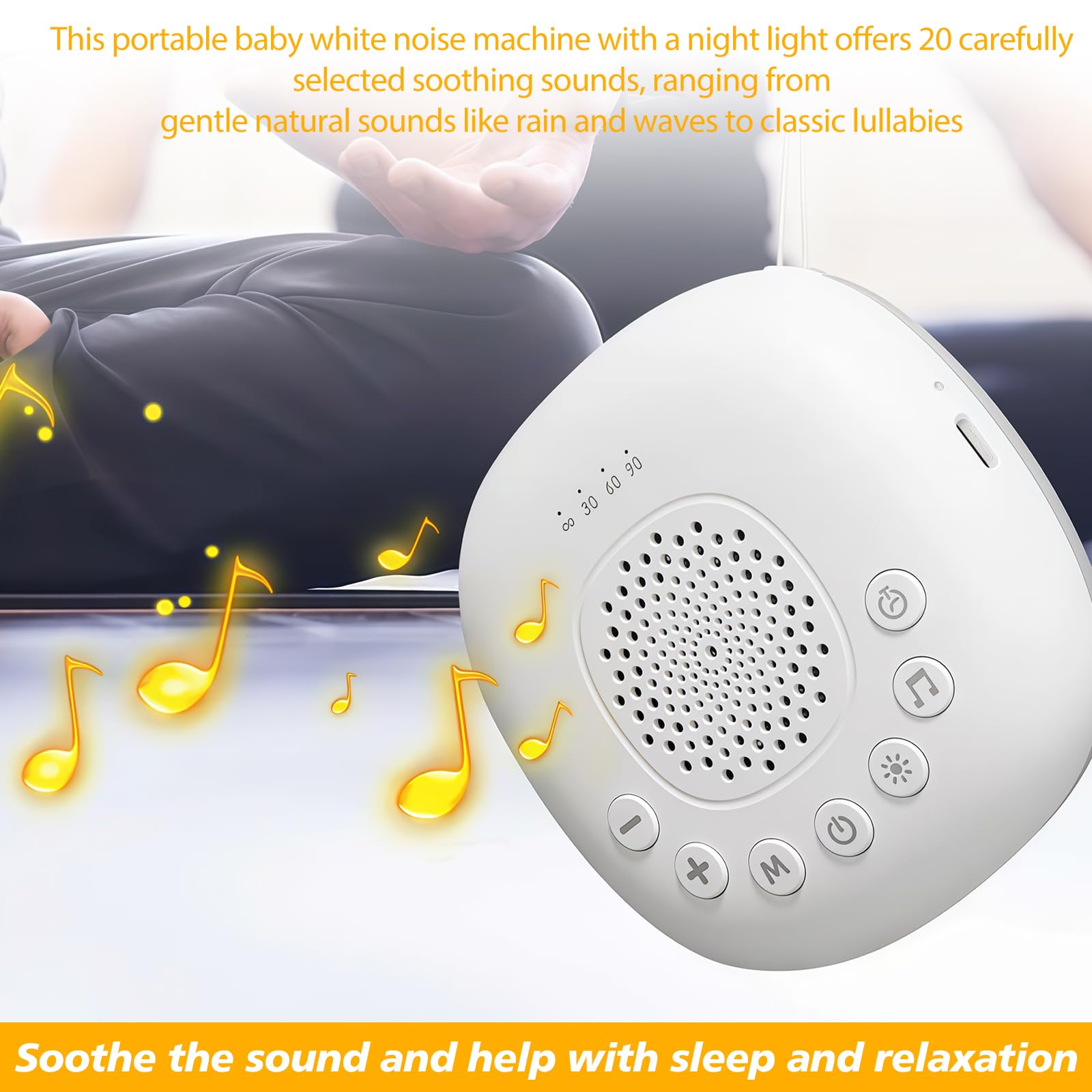 Machine à bruit blanc portable pour bébé avec veilleuse, aide à l'endormissement des bébés, appareil à bruit blanc avec 20 sons apaisants, rechargeable par USB, aide au sommeil pour enfants