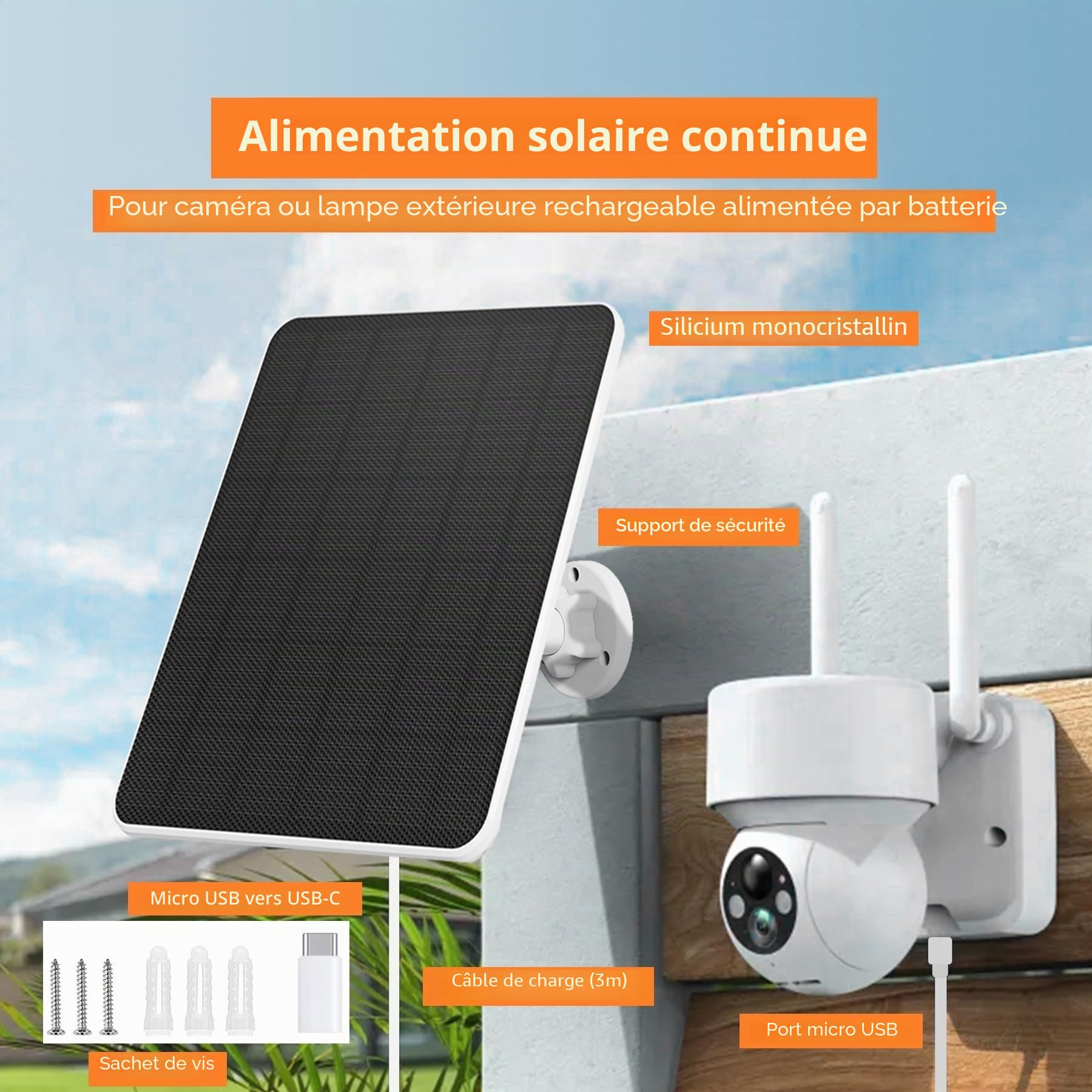 Panneau Solaire usb 6W pour Caméra de Sécurité DC 5V Rechargeable, Sonnette de Porte et Éclairage Extérieur avec Port USB-C, IP65, Câble de 3m (2 Pack)