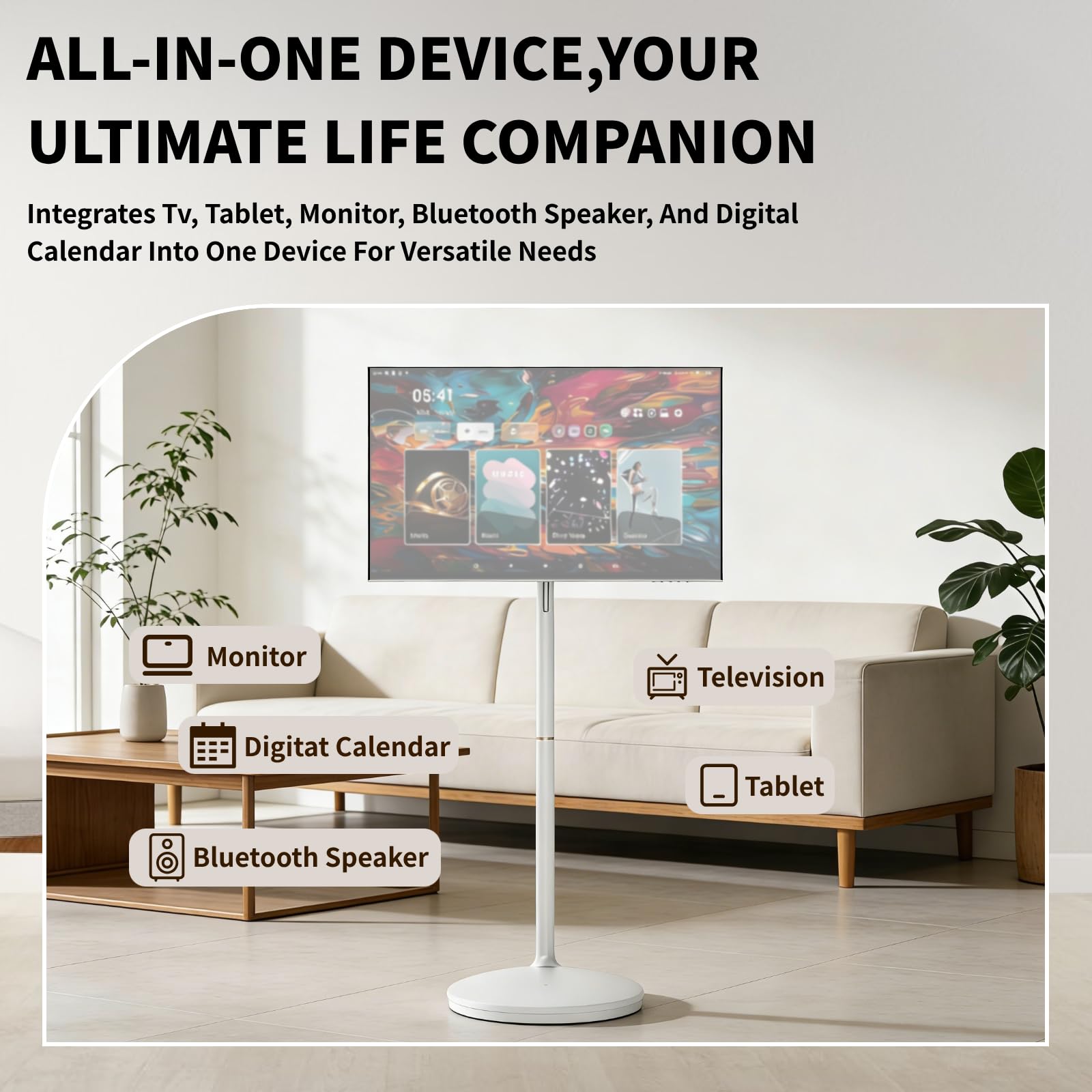 TV Touchscreen Senza Fili su Ruote 23,8"/32", Batteria 10000/15000mah, Touch, Proiezione Wireless, Inclinazione 20° E Regolazione Altezza, Fotocamera 13 MP Integrata E Microfono 23.8"