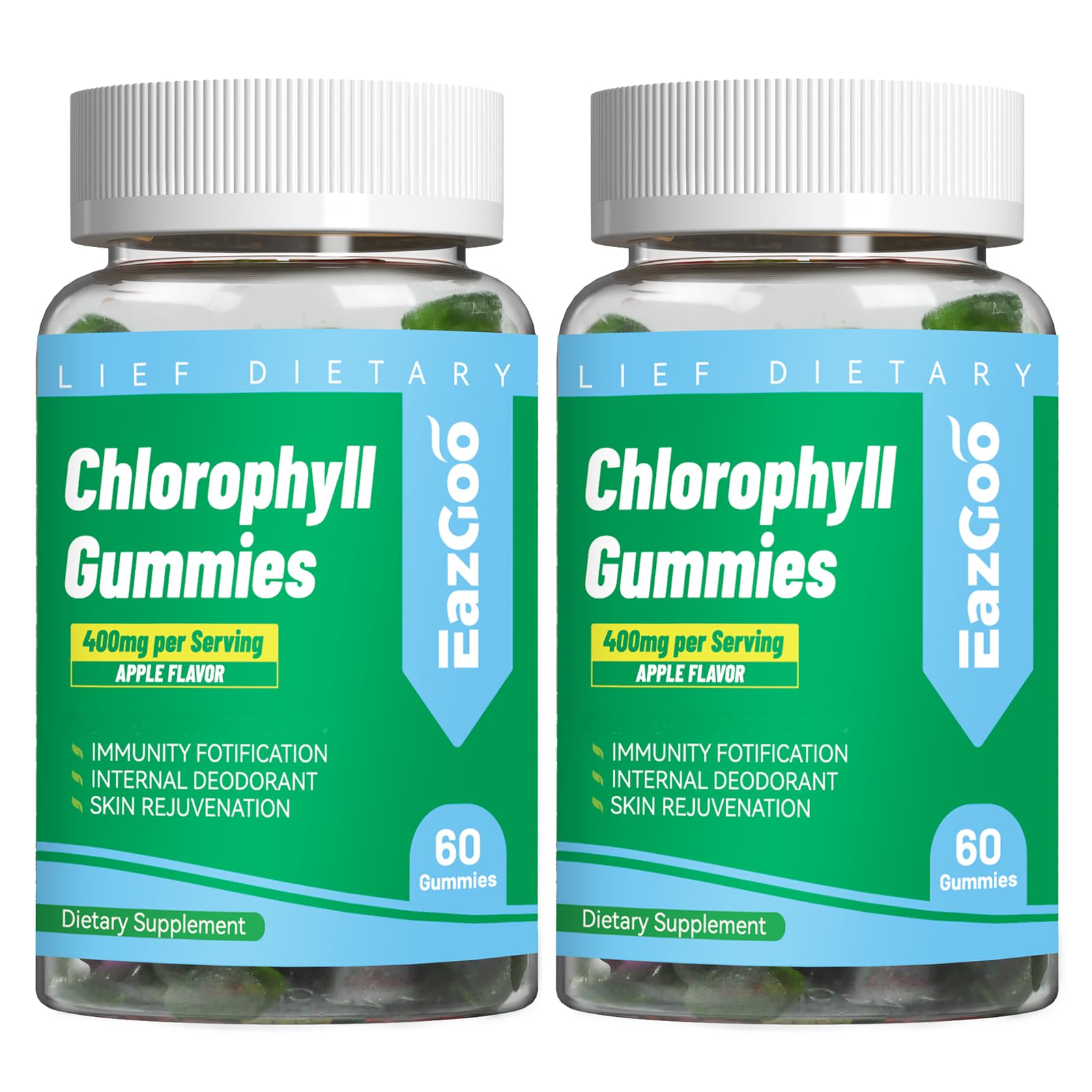 2 Pack Chlorophyll Gummies for Body Odor Deodorant*, Sugar Free Chewable Chlorophyll for Immune Support Women Vegan,120 Count