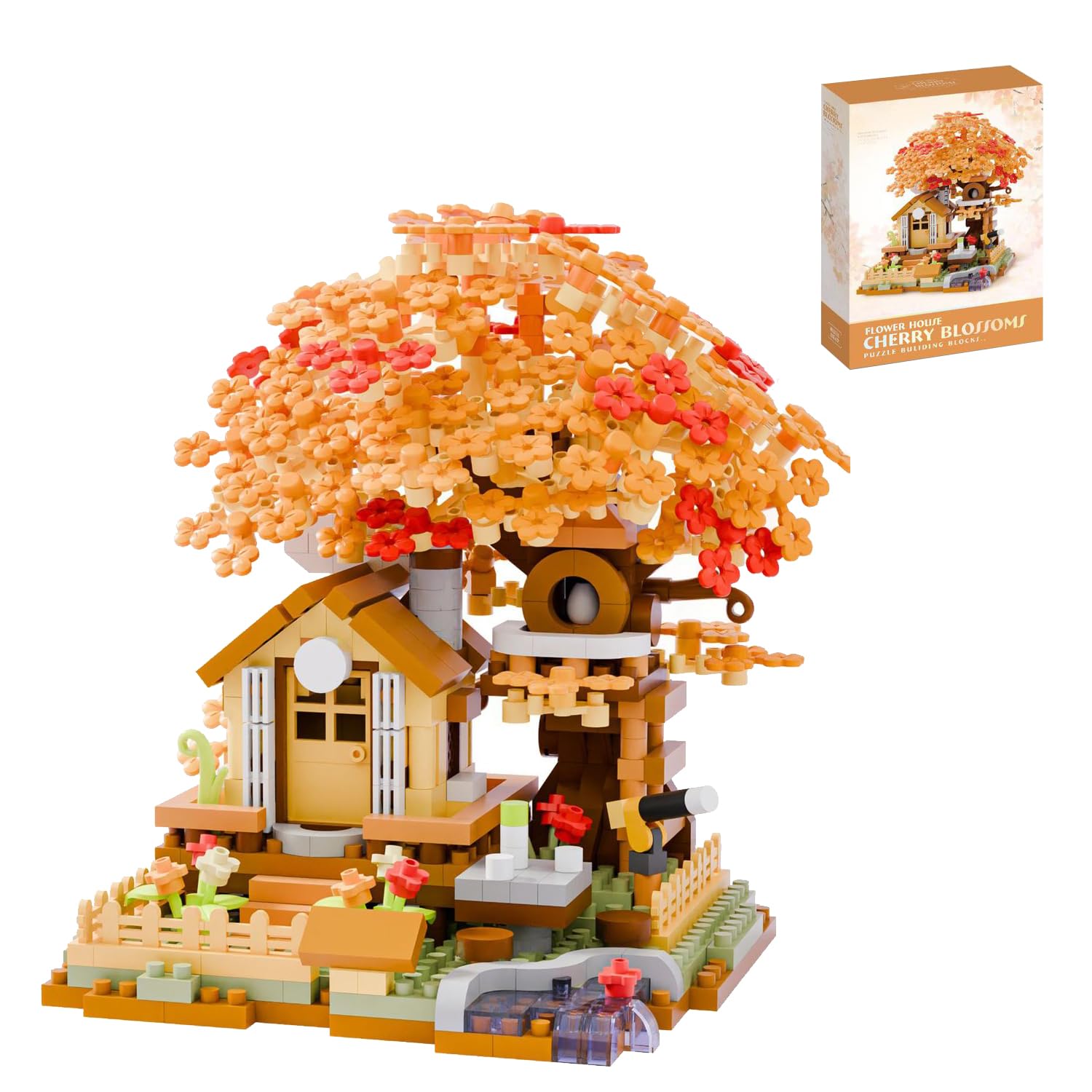 Cherry Blossom Tree House Micro Building Blocks Set, 690PCS Cherry Blossom Tree House Building Blocks Set
