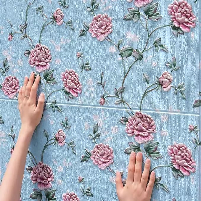 Image of CVD 3D PE Foam Self-Adhesive Wall Stickers | Blue Rose Wallpaper for Home, Hotel, Living Room, Bedroom & Cafe | DIY Decorative Panel (70 x 70 cm, Approx. 5.8 Sq. Feet, 1 Piece)