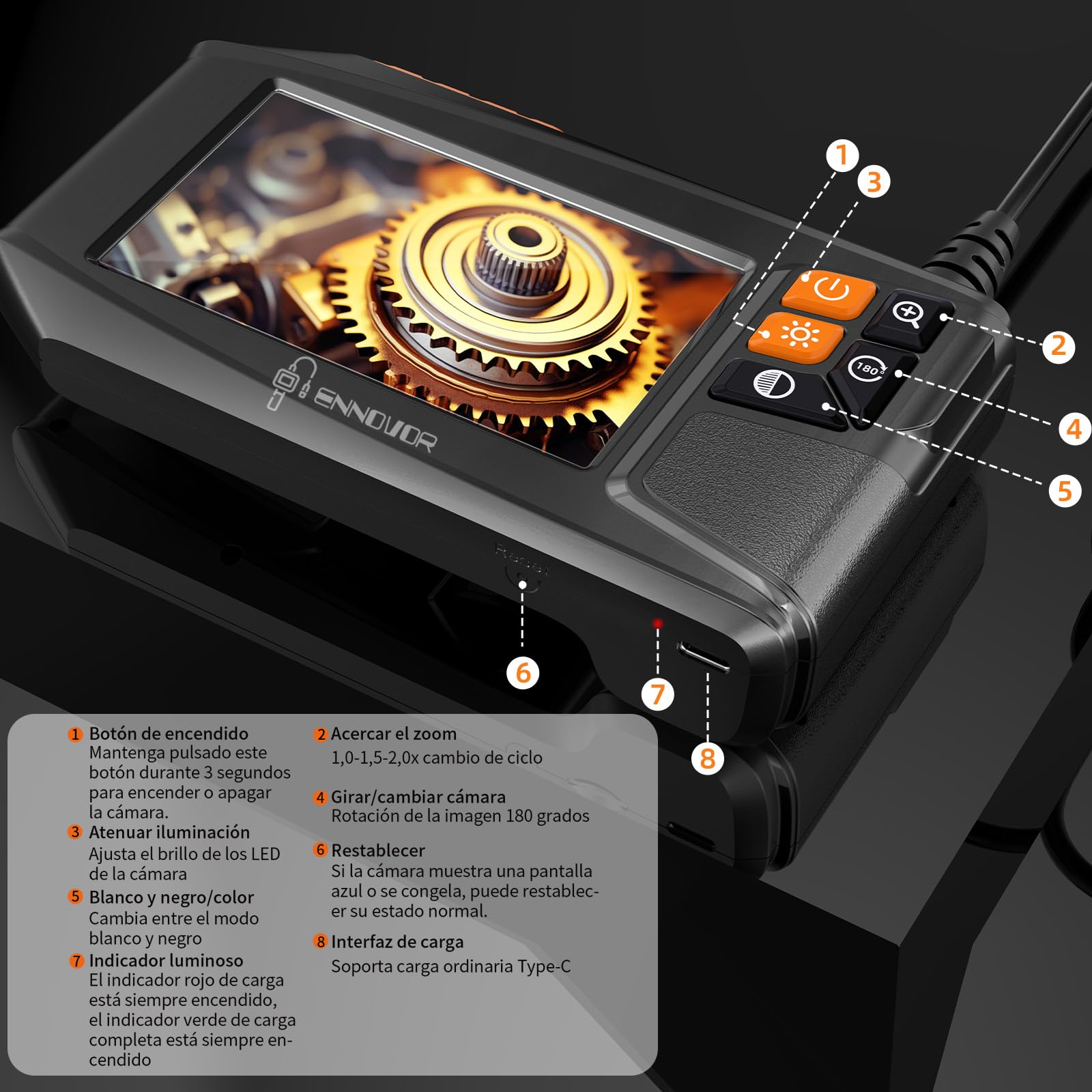 Cámara Endoscópica con Pantalla IPS 4.3" 1920P HD, Endoscopio Camara de Inspeccion Impermeable IP67 con 8 Luces LED Cable Semi-Rígido 10M, Camara Inspeccion para Tuberías, Automóviles, Hogar