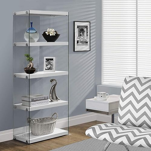 Vista 2 de Monarch Specialties I Librero Etagere de 5 estantes, aspecto contemporáneo con marco de vidrio templado, estantería de 60 pulgadas de alto, (blanco)