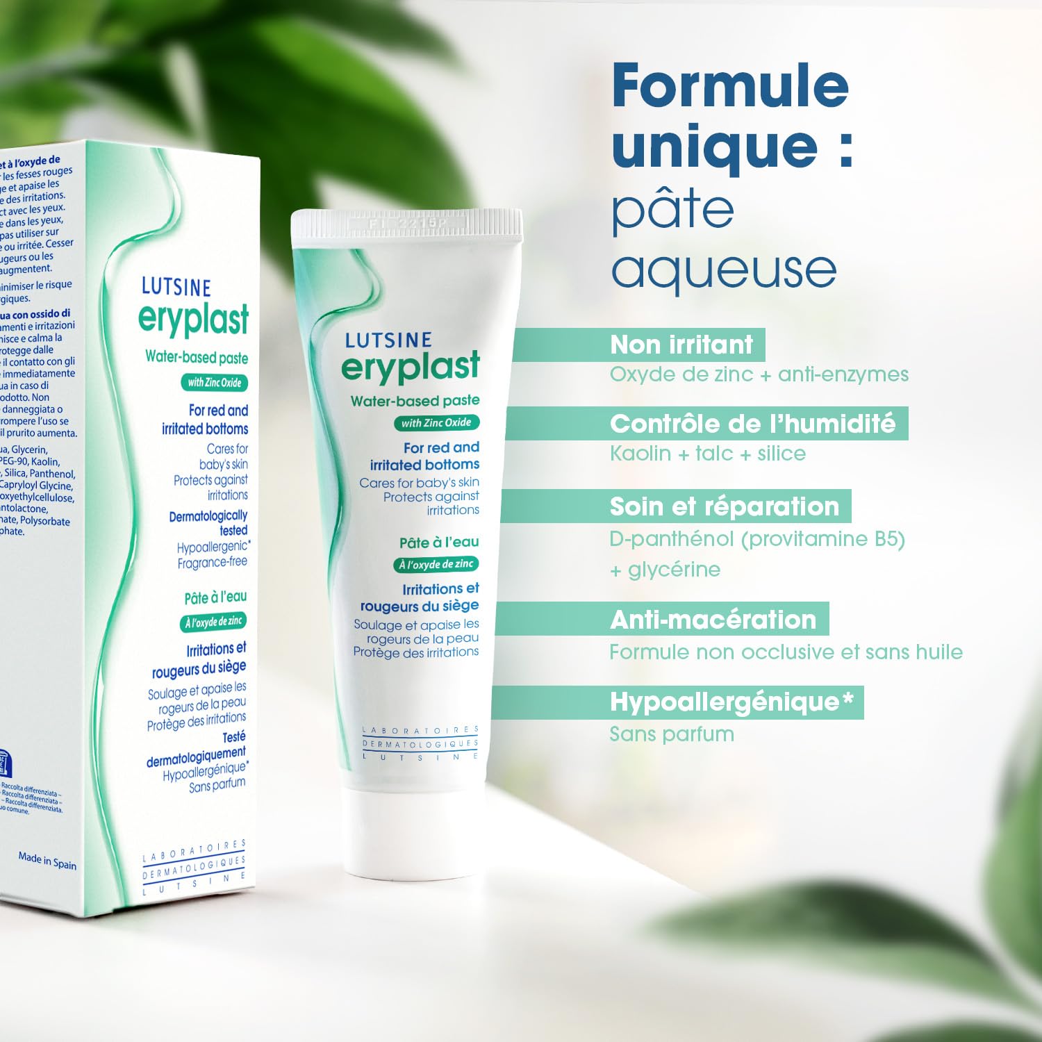 Eryplast Pate a l'eau bebe 75gr - Prévient et traite l'érythème fessier - Creme Change Bebe Soigne, Apaise et Protège les rougeurs du siège - Hypoallergénique, sans parfum. Testé Dermatologiquement