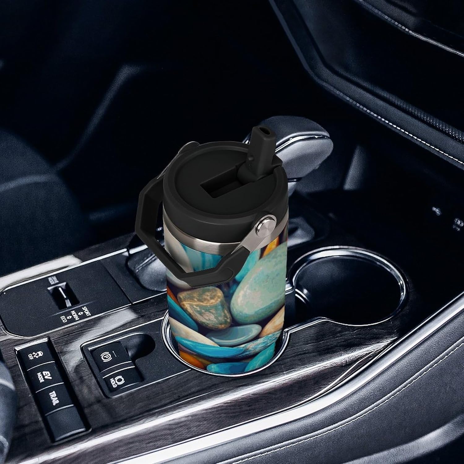 30oz Insulated Tumblers with Top Handle, Stainless Steel Colored Stones Car Cup with Straw for Gift, Leak-Proof Double Wall Vacuum Travel Mug, Personalized Water Bottles Black