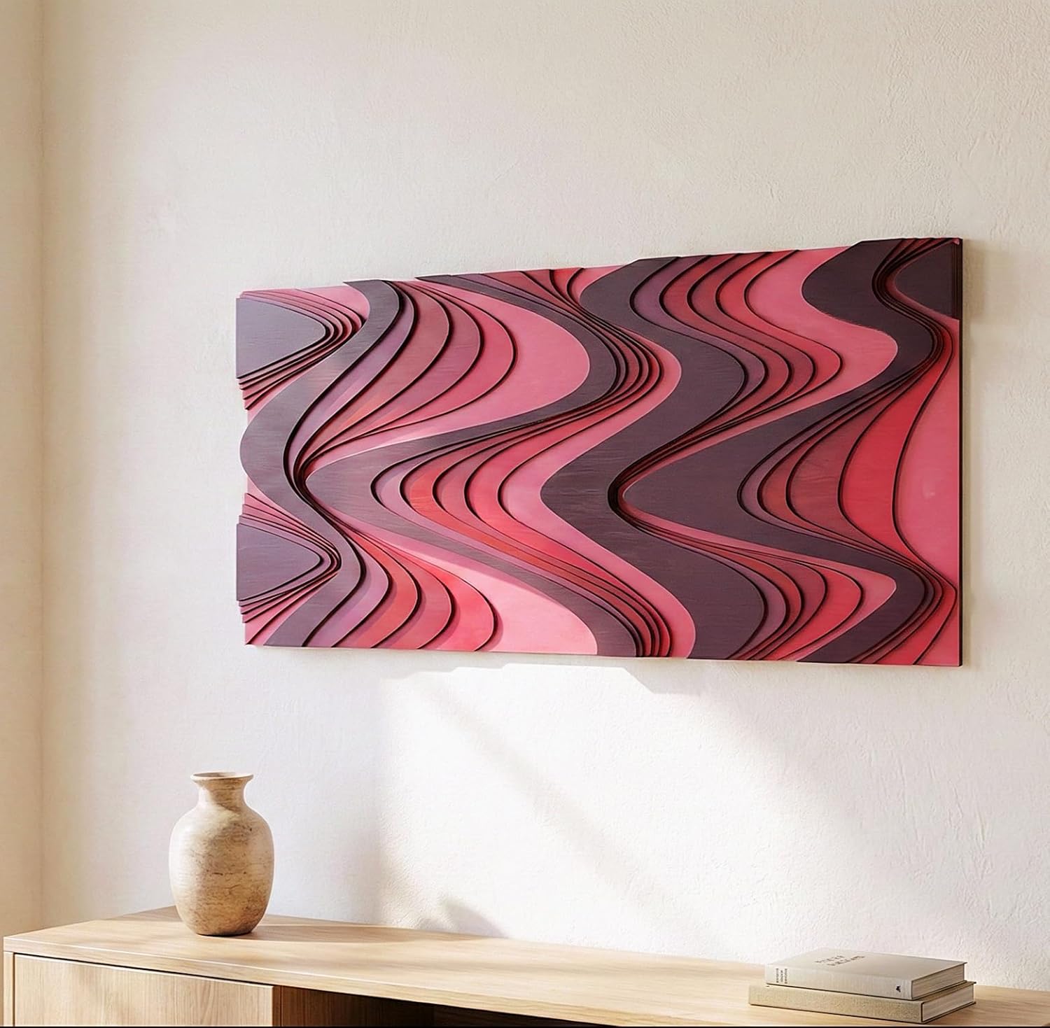NEODECO Flow - Modern Pink Wave Wall Art Panel – Contemporary 3D Layered Abstract Decor for Bedroom, Living Room, Nursery & Teen Girls Room (Verso, Pink&Burgundy Tones, Medium)