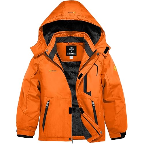 GEMYSE Boy's Waterproof Ski Snow Jacket Hooded Fleece Windproof Winter Jacket