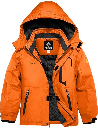 GEMYSE Boy's Waterproof Ski Snow Jacket Hooded Fleece Windproof Winter Jacket - Lily Orange - 10-12