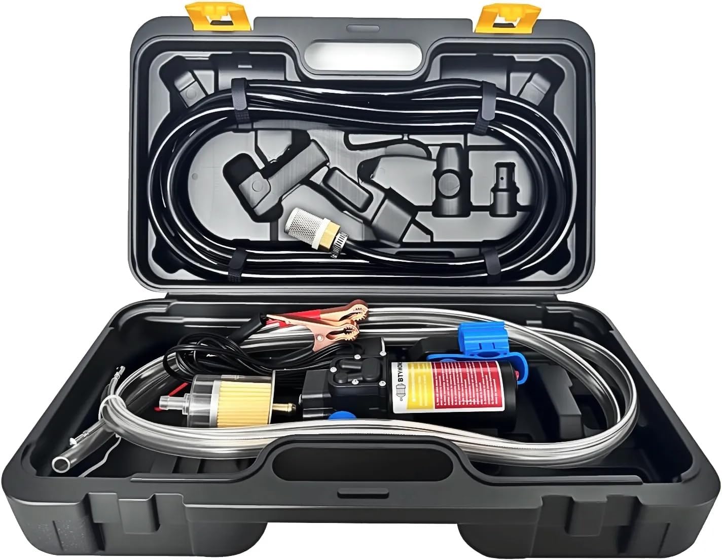 BtyHomShelf 12V Fuel Transfer Pump Kit - 85 GPH Gasoline Diesel Pump with 70W Motor, Patented Pulley Hose & Portable Case for Cars, Boats, UTVs