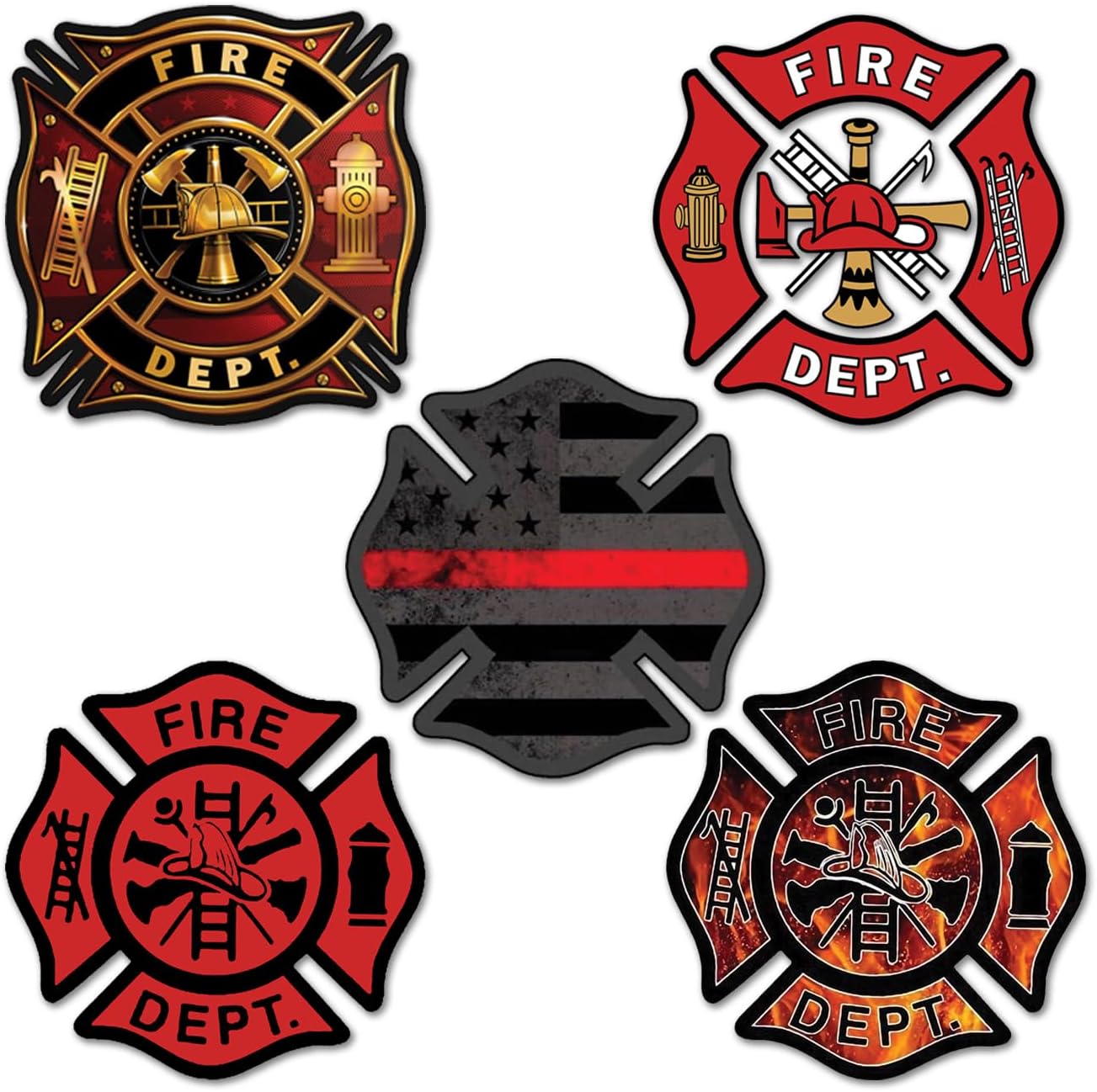 5 Pack Combo 3" Various Fire Dept Maltese Cross Shaped Sticker Firefighter First Responder Vinyl Decal Waterproof UV-Resistant Signage for Cars, Trucks, Laptops, Helmets, & Tumblers
