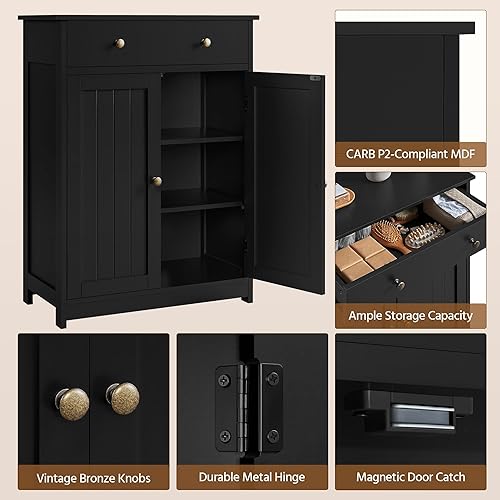 Miniatura 6 de Yaheetech Armario de almacenamiento de baño con 1 cajón y 2 puertas, armario de piso de baño con estante ajustable, unidades de almacenamiento de