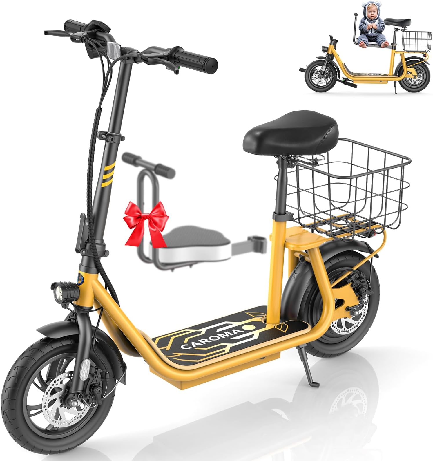 CaromaElectric Scooter with Seat, Max 30 Miles Range&20MPH Speed, Peak 800/1200W Motor, Foldable Electric Scooter for Adults and Teens, Commuter E Scooter with Basket&Adjustable Kid Seat