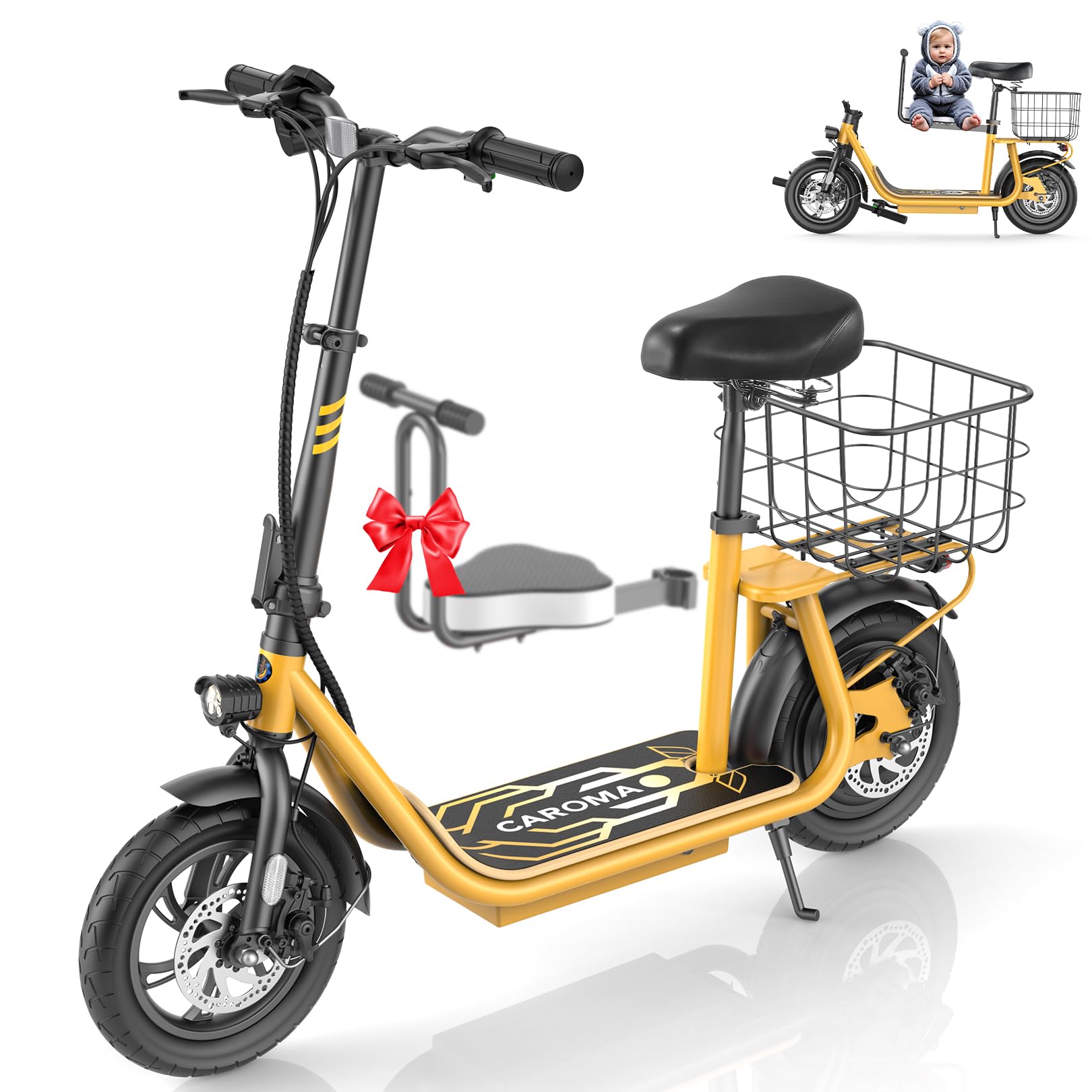 CaromaElectric Scooter with Seat, Max 30 Miles Range&20MPH Speed, Peak 800/1200W Motor, Foldable Electric Scooter for Adults and Teens, Commuter E Scooter with Basket&Adjustable Kid Seat