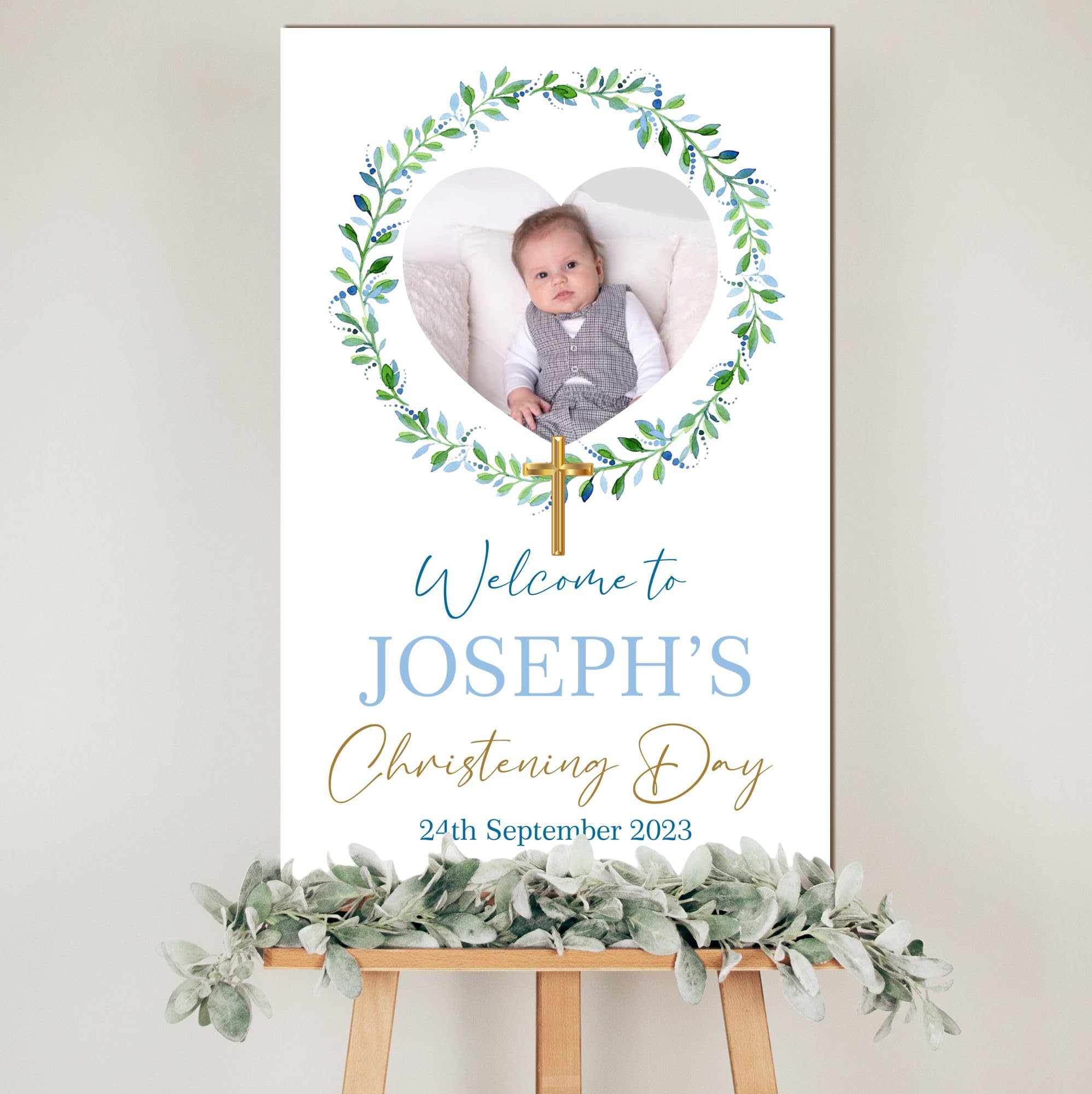 Personalised Photo Christening, Communion, Confirmation Welcome Board – Custom Child’s Picture, Name & Date, Floral and Wreath Photo Prop Board (Green Wreath, Christening Day)