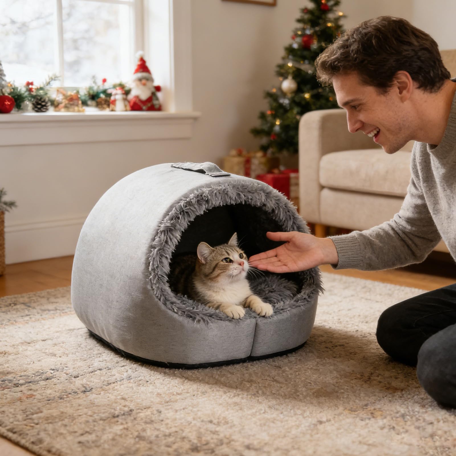 Cuccia per gatti coperta con maniglia, calda, invernale, morbida e confortevole | Grotta per gatti coperta per animali domestici, dormitorio, appartamento, soggiorno, balcone