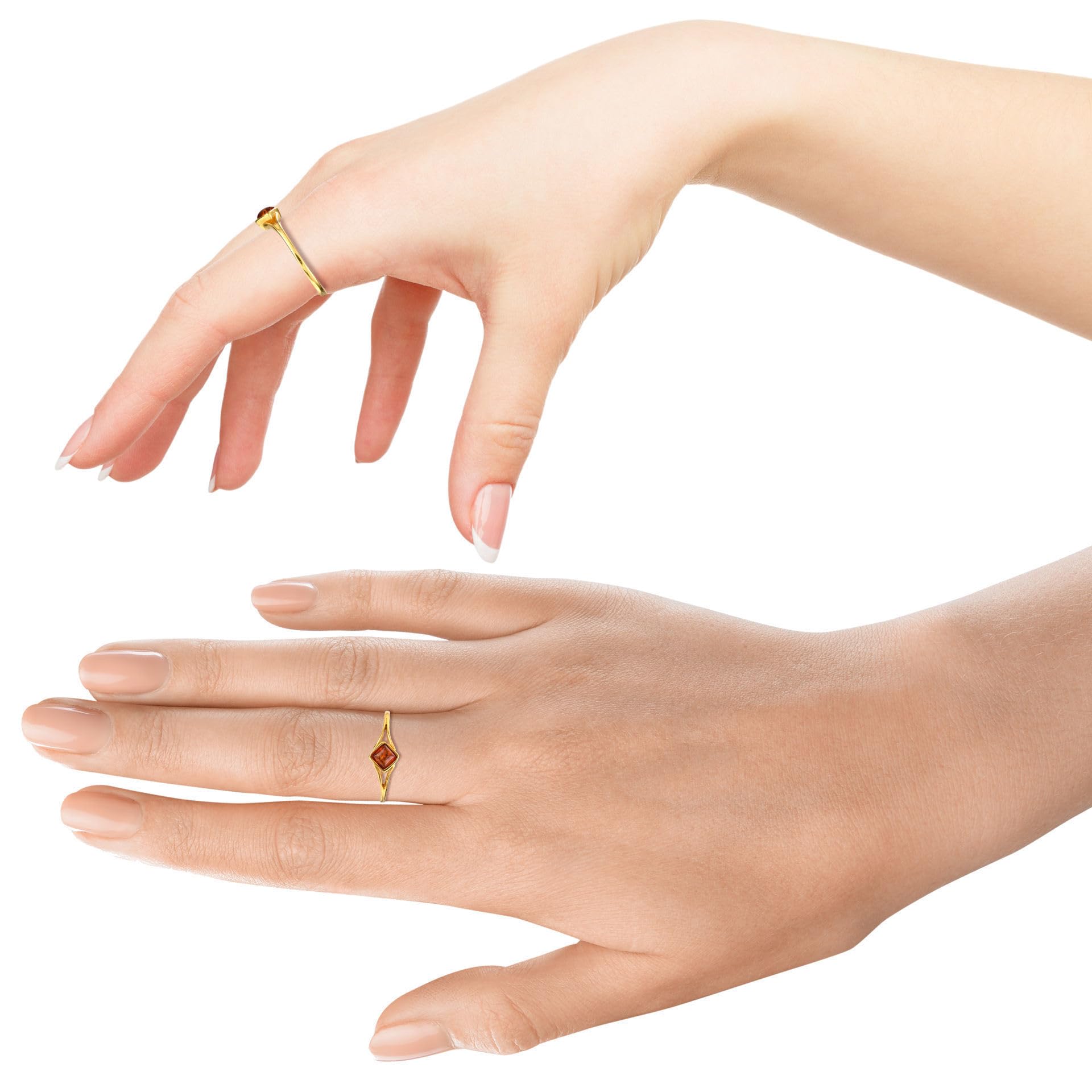 Noda - Anello quadrato in ambra baltica color miele e argento sterling placcato oro 18 carati