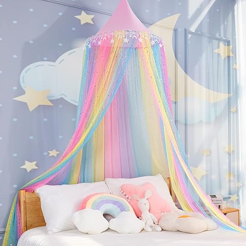 Miniatura 9 de MOOZHEALTH Toldo de cama para niñas, cortina de cama redonda con cúpula redonda de princesa con purpurina de nieve, tienda de campaña de ensueño,