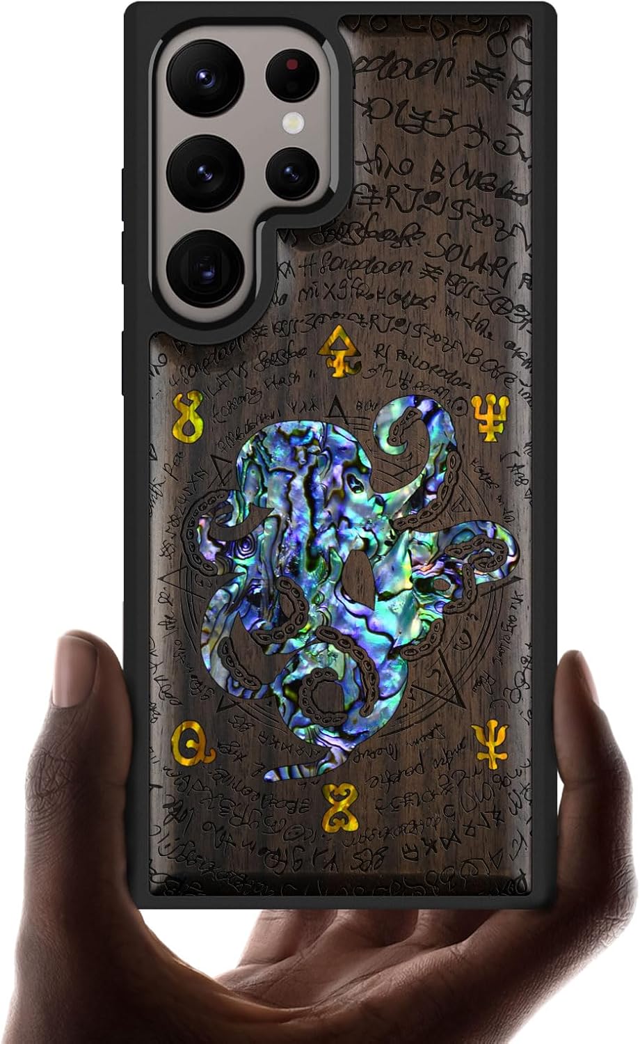 Carveit Designer Wooden Case for Samsung Galaxy S24 Ultra - Octopus and Octagonal Star - Blackwood with Laser Engraving & Natural Shell Inlay - Wireless Charger Compatible