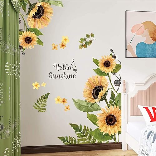 Miniatura 2 de Supzone Calcomanías de pared de girasol, diseño de flores amarillas, diseño de hojas verdes, decoración de pared, de vinilo autoadhesivo, plantas,
