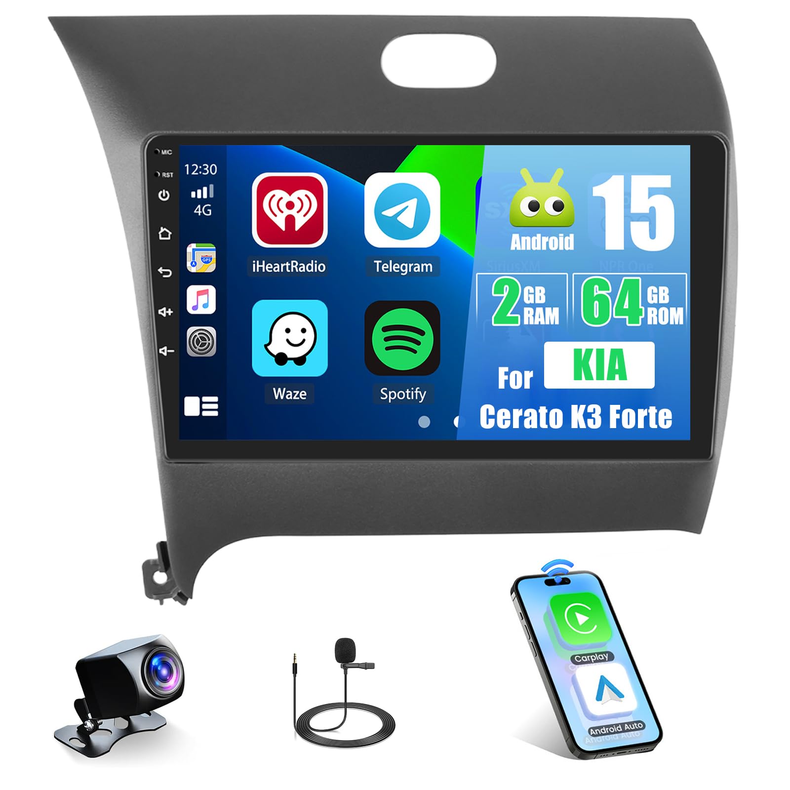 2+64G 9'' Car Stereo for Kia Forte 2013-2018 Wireless Carplay Android Auto, Double Din Touch Screen Car Radio Receiver WiFi GPS Navigation Bluetooth