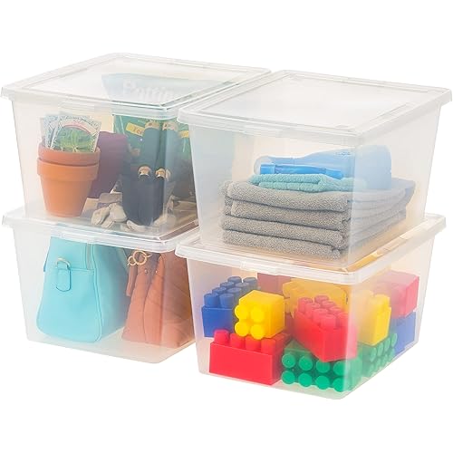 IRIS USA 4-Pack Storage Bins with Lids, 25 Quart, Clear Stackable Containers Box Organize Shoes Closet Shelves Clothes Blankets Towels - BPA-Free Plastic