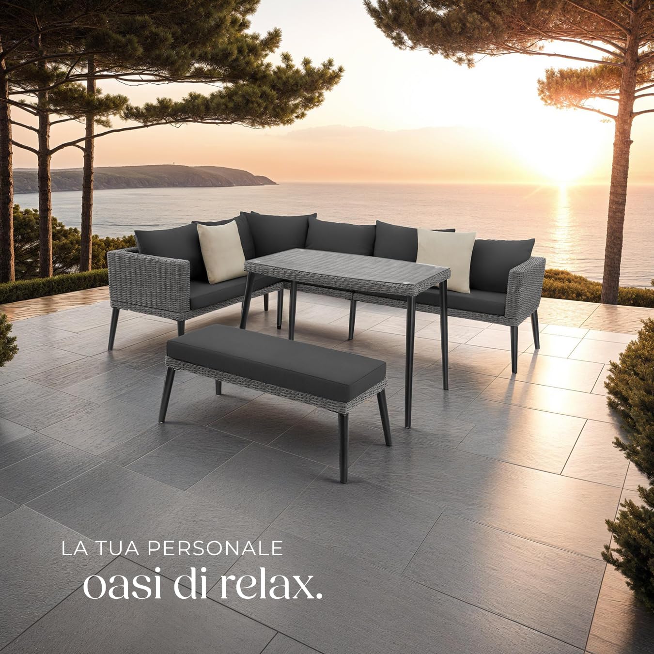 tectake® Salottino in rattan Pula, Telaio in Alluminio, Tavolino Salotto con Lastra in Vetro, Divano Salotto, Elemento Angolare, Imbottitura spessa, Resistente ai Raggi UV - Grigio