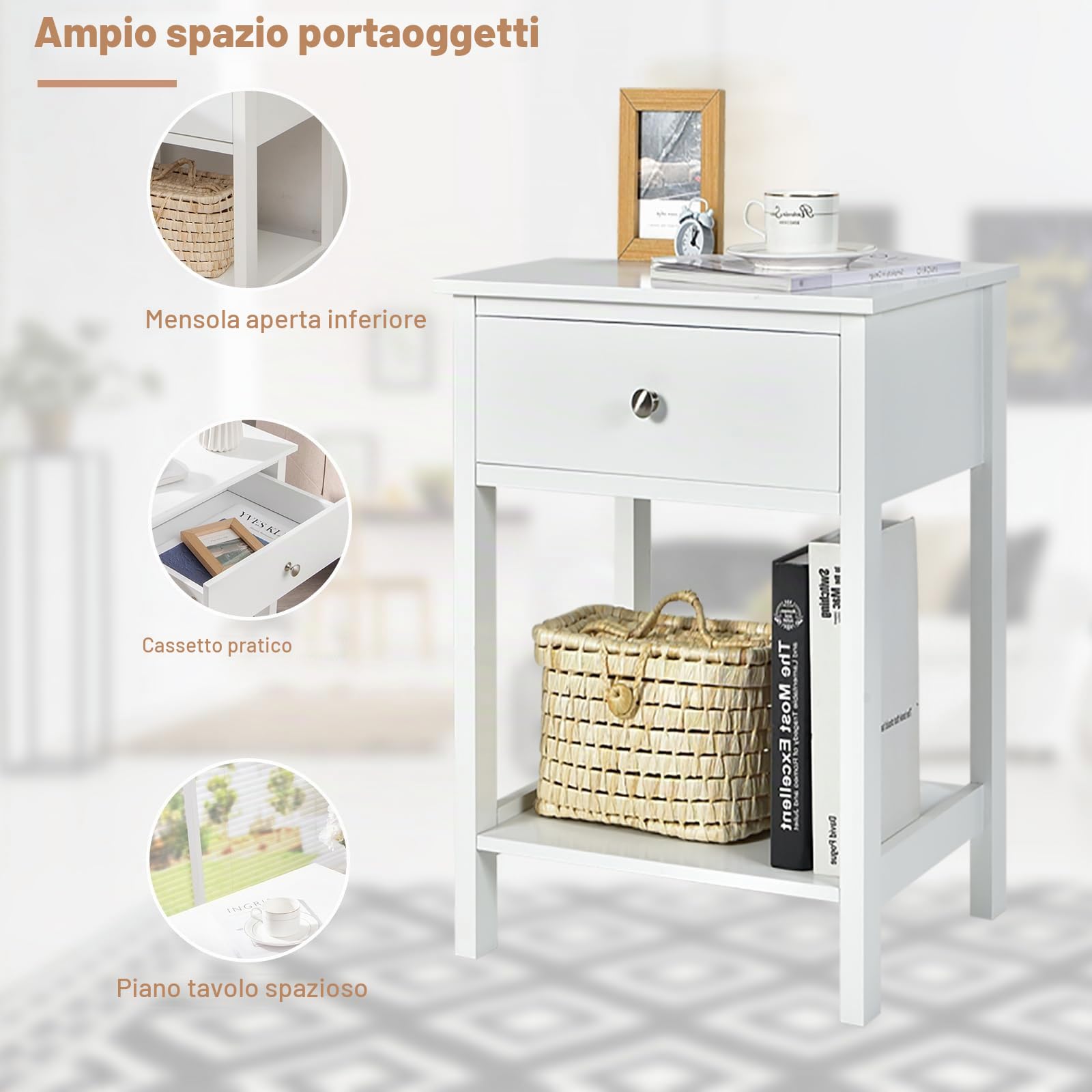 KOMFOTTEU Comodino con cassetto, tavolino in legno, stile moderno, comodino a 2 livelli, con ripiano aperto, per camera da letto, soggiorno, 48 x 40 x 58 cm (bianco x 2)