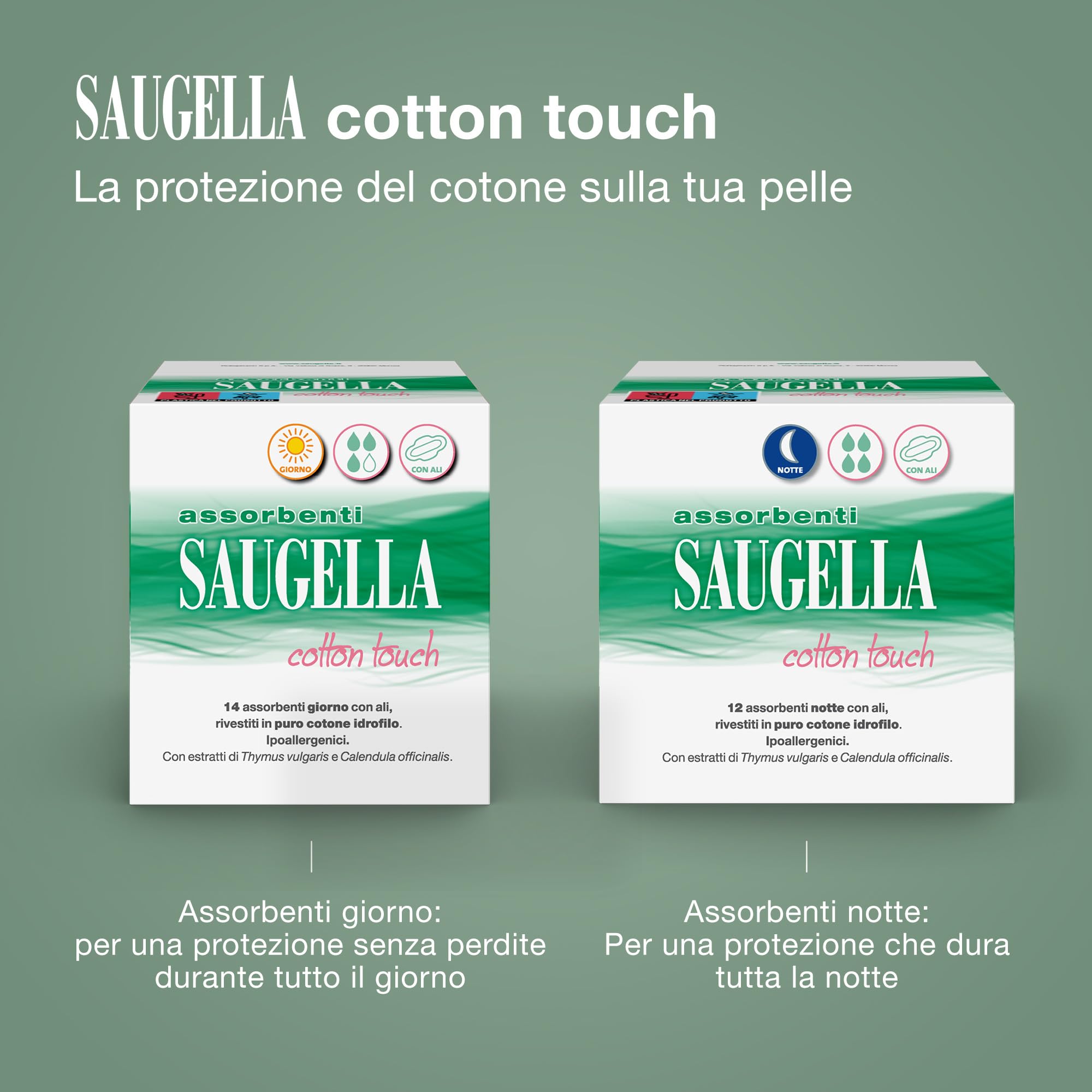 Saugella Assorbenti Cotton Touch Giorno, 56 Assorbenti Cotone Giorno con Ali, Azione Antibatterica, Antiodore e Lenitiva