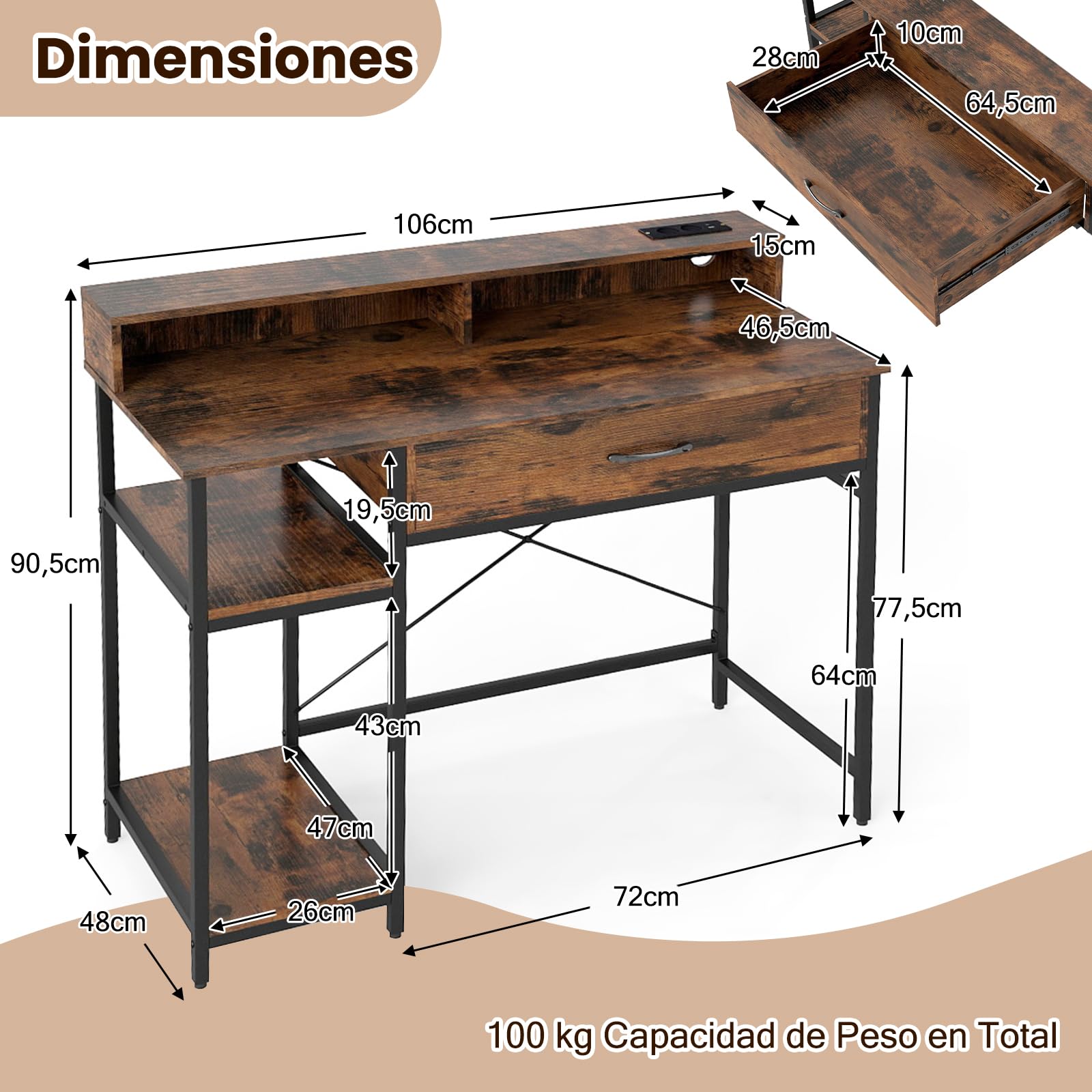 COSTWAY Escritorio con Enchufes, 106 x 48 x 90 cm, Mesa Escritorio con Cajón y 2 Estantes Abiertos, Estructura de Metal, Mesa de Ordenador Oficina Dormitorio (Marrón Rústico)