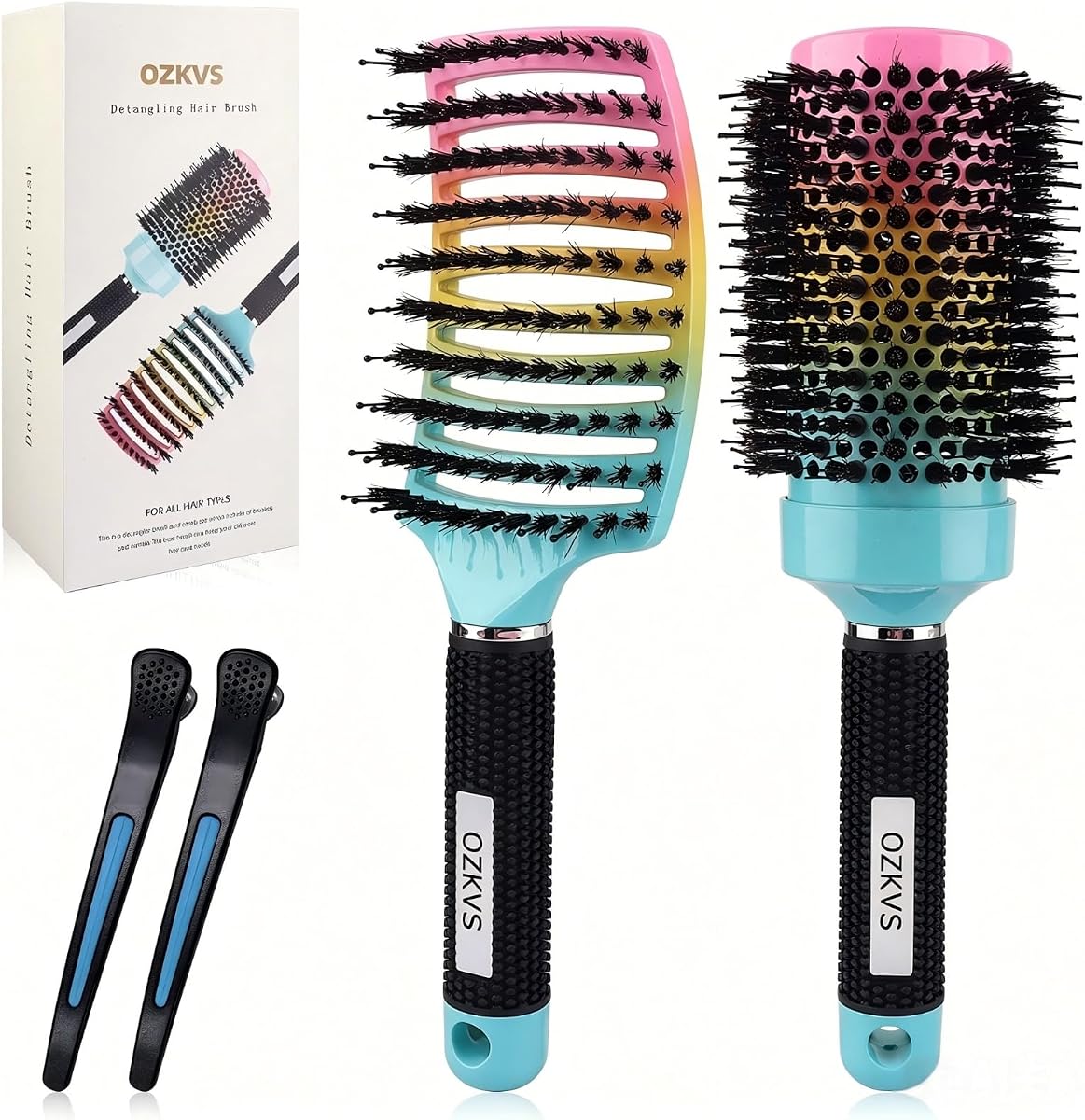 Juego de cepillos de cerdas de jabalí, cepillo redondo para soplado y secado con secador | Juego de 4 cepillos para cabello fino y grueso, desenredantes para definir rizos y cabello mojado