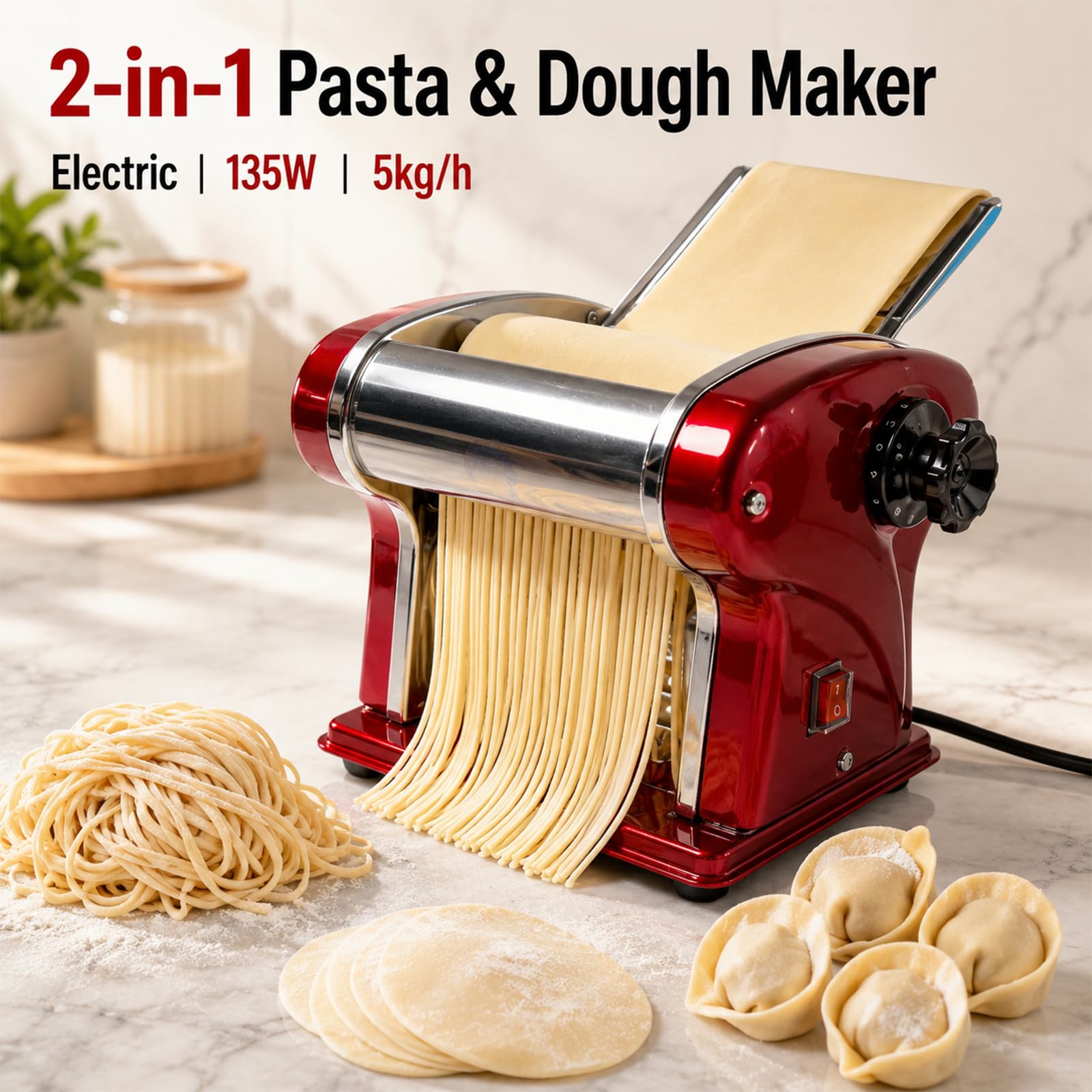 Machine à Pâtes Électrique LEONEBEBE avec Lame de 2,5 mm, 135W, 5Kg/H, 6 Réglages d'Épaisseur, 2-en-1 (Pétrissage & Découpe), pour Usage Domestique et Commercial (Rouge)