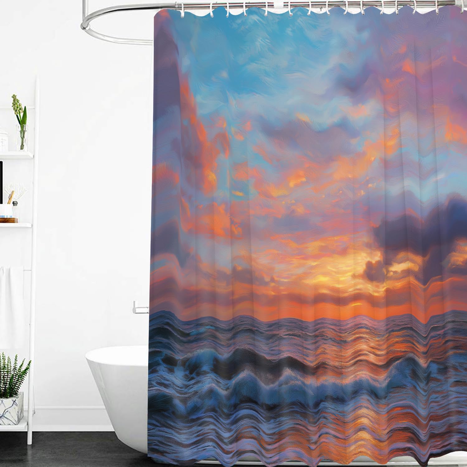 Cortina de Ducha con Diseño de Olas del Océano Bajo Un Cielo Azul y Naranja,Duradera y Lavable a Máquina para Baño de Hotel,200Anx200Alcm (1 Panel).