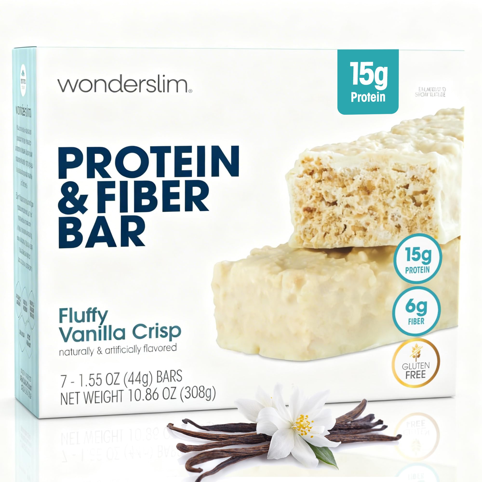 Wonderslim High Fiber Protein Bars, Fluffy Vanilla Crisp | 15g Protein, 6g Fiber | Low Sugar, Low Carb | Healthy Indulgence | Satisfying, Supports