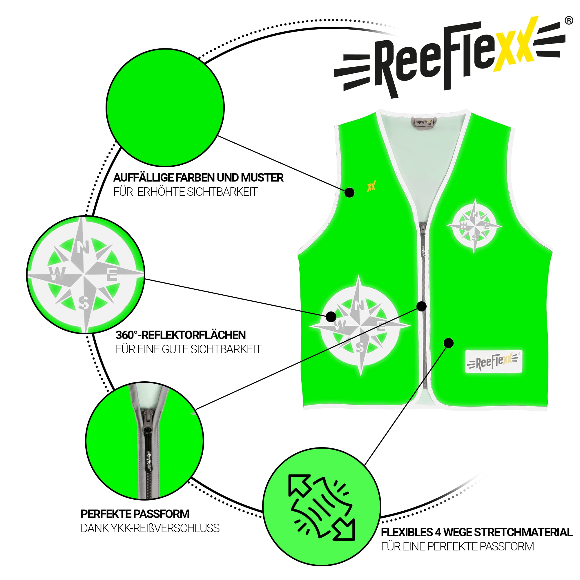 REEFLEXX Gilet réfléchissant pour homme avec adaptateur de taille Gilet réfléchissant pour plus de visibilité dans la circulation routière grâce aux réflecteurs, couleurs et motifs Boussole verte