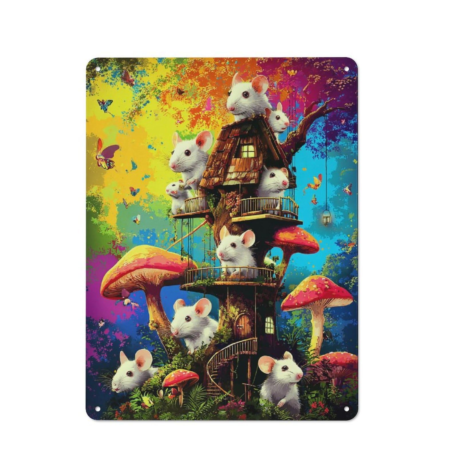 Junmoney Whimsical Treehouse With Mice And Mushrooms Rustic Metal Sign 40X30cm For Café Or Restaurant, Suited To Café Owners And Decorators