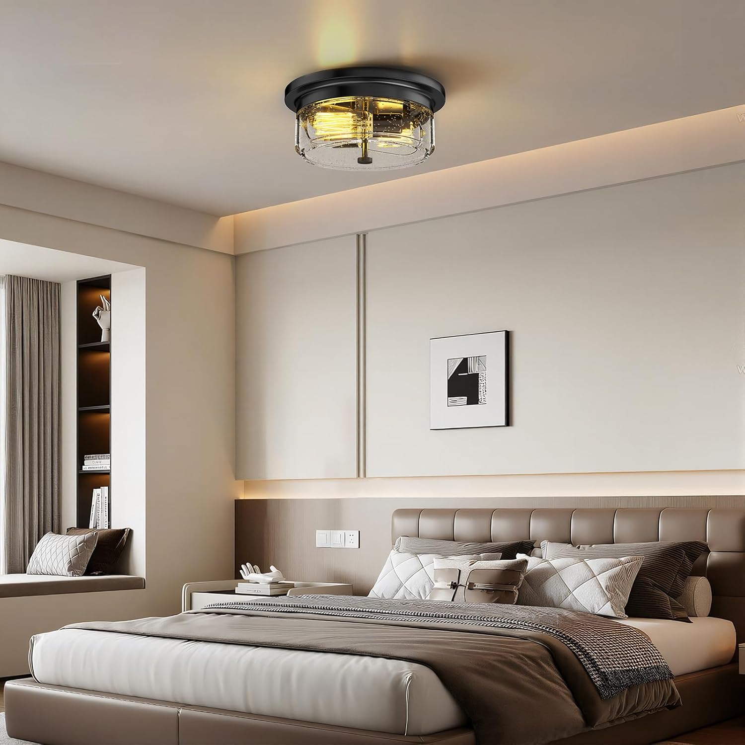 Black Flush Mount Ceiling Light Fixtures, 2-Light Ceiling Mount for Farmhouse with Seeded Glass Lampshade, Industrial Flush Mount Light Fixture Farmhouse for Hallway, Kitchen, Entryway and Foyer